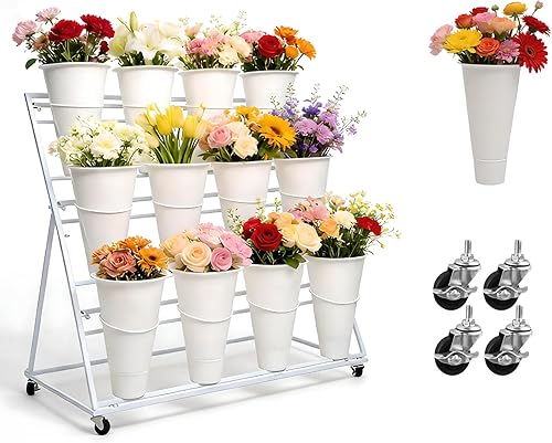 Soporte de exhibición de flores de 3 niveles, soporte móvil de metal para plantas con 12 cubos, carrito de flores con ruedas, adecuado para