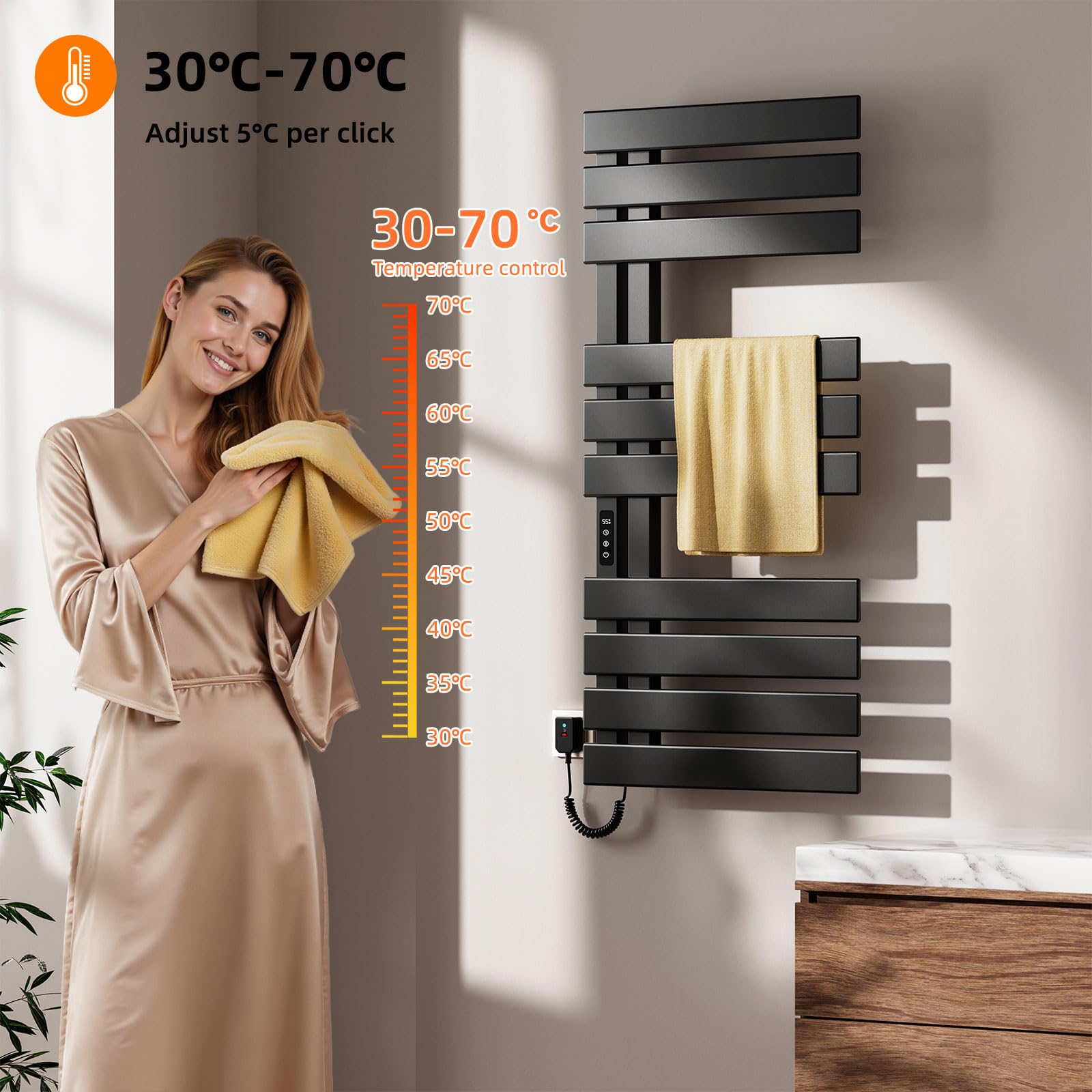 Radiador Toallero Eléctrico, 500x1100mm Toallero Baño Radiador, Secador de Toallas, Toallero Calentado, Secatoallas Electrico, Temperatura constante inteligente Calentador de Toallas Pared-Black Left