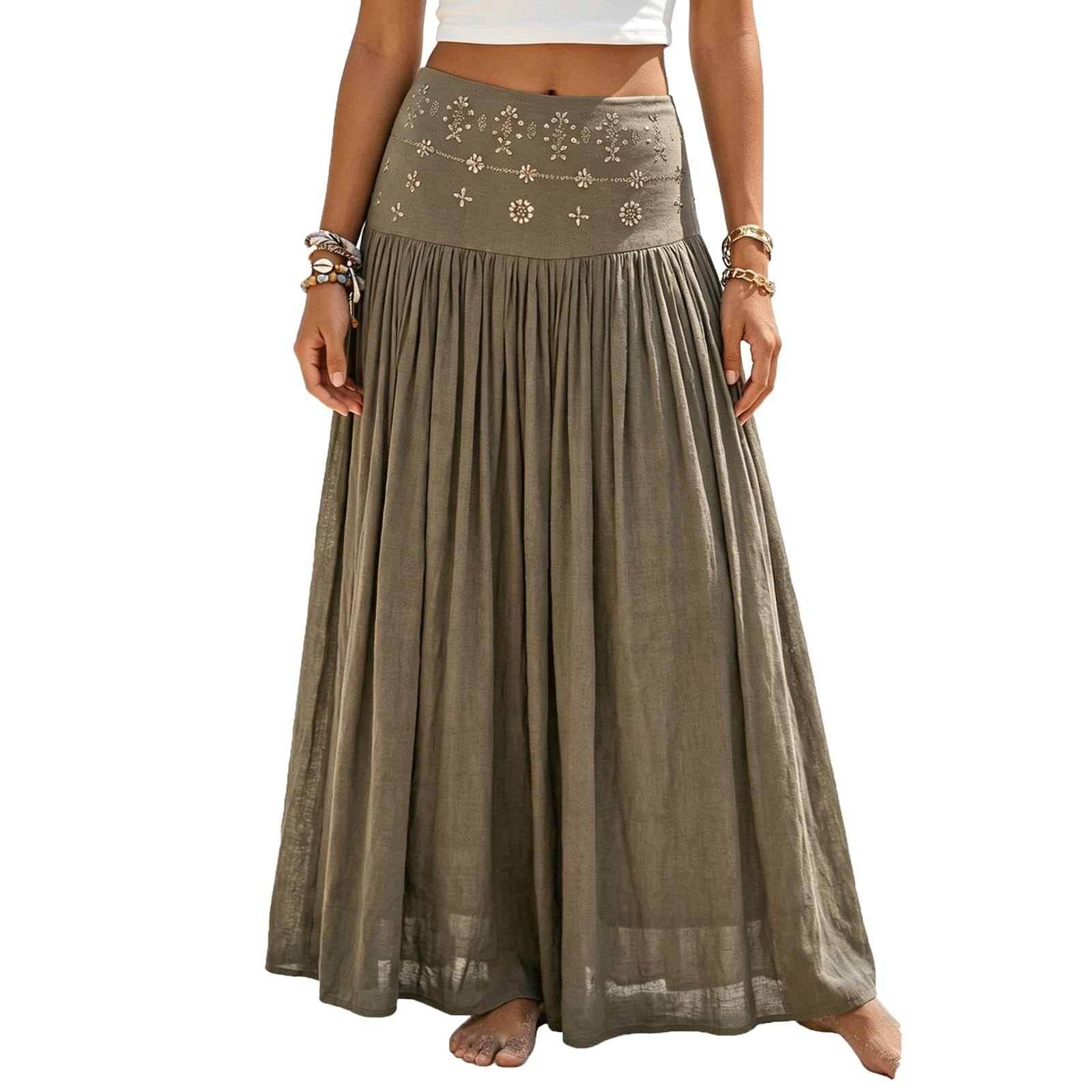 UYHBCNQD Women's Maxi Skirts Solid Color Midi Long Skirt Rhinestone Decor(Dark Khaki,Lagre)