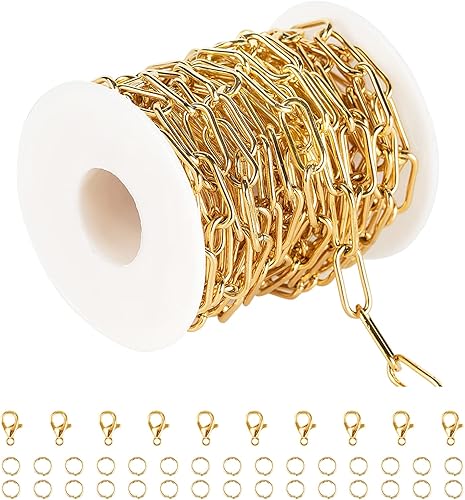 Collar de cadena de clip chapado en oro para mujeres y hombres, cadena de eslabones de acero inoxidable a granel con anillos de salto y cierres de