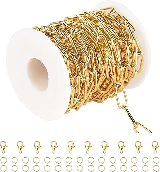 Gold Plated Paperclip Chain Necklace for Women and Men, Stainless Steel Link Chain Bulks with Jump Rings and Lobster Clasps Jewelry Making Supplies