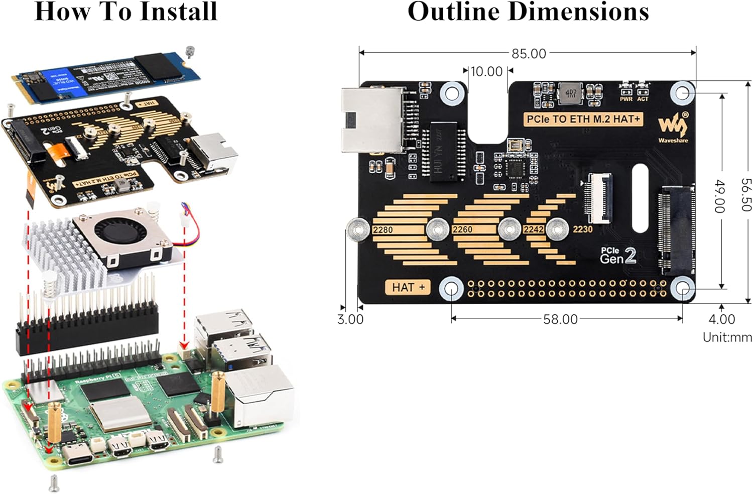 PCIe to ETH and M.2 Adapter Board Compatible with Raspberry Pi 5, Expands M.2 Hard Drives and Gigabit Ethernet Ports in 2230/2242 / 2260/2280 Sizes, 5Gbps Data Rate,Driver-Free, Plug and Play