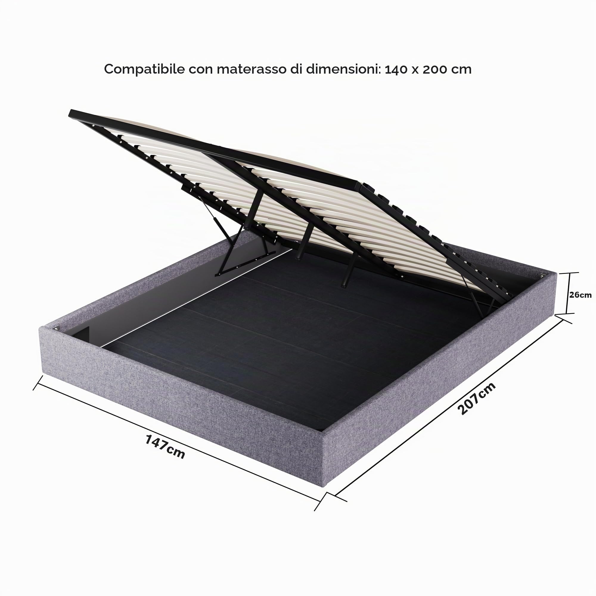 NOVEMBER Letto Contenitore 120 x 190 cm, Rete a Doghe in Legno Flessibile, Struttura in Tessuto Grigio, Stabile e Robusto. Ampio Spazio di Stoccaggio sotto il letto.