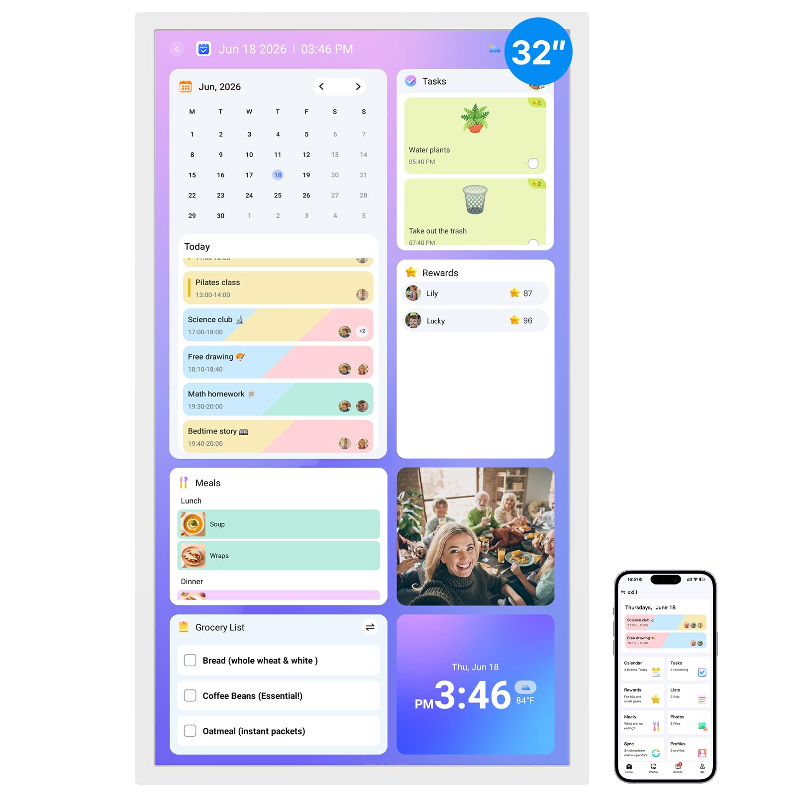 BSIMB 32 Inch Digital Calendar Wall Touch Screen - Chore Chart, Meal Planner, Rewards System, Photo Display, Smart Electronic Calendar Interactive Hearth Display for Family Schedules Seamless Scheduling White