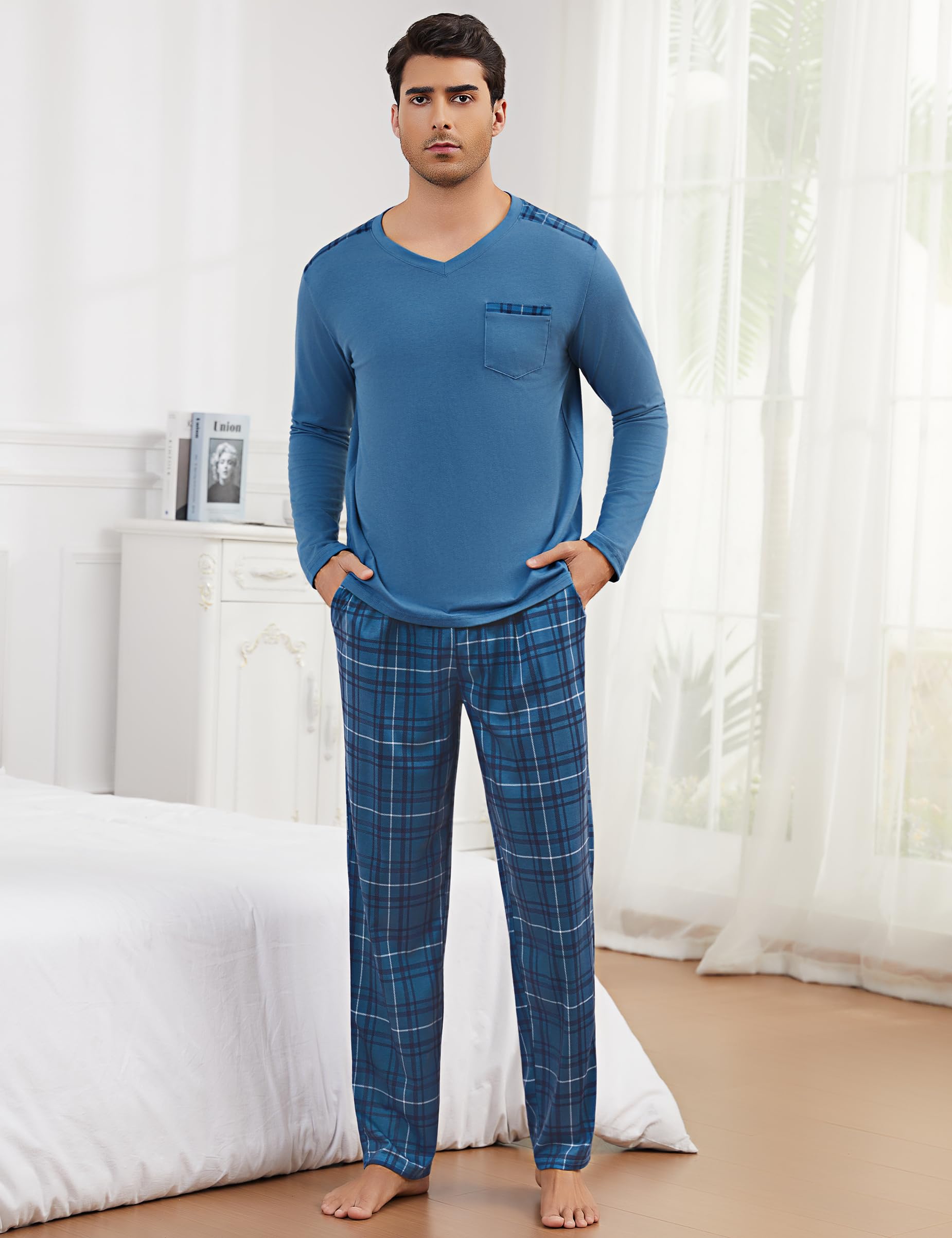 Litherday Pigiama Uomo Invernale Cotone Lungo Pigiami Due Pezzi da Uomo Manica Lunghe e Pantaloni con Tasche Morbido Loungewear