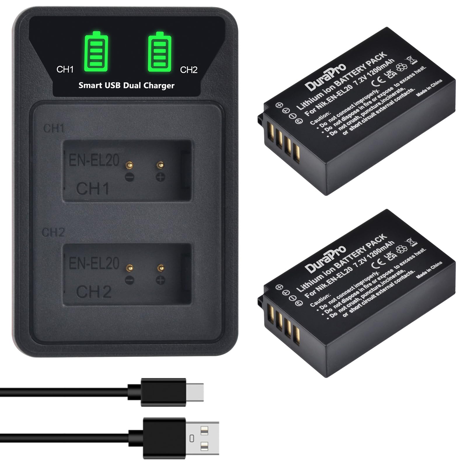 DuraPro 2Pcs 1200mAh EN-EL20 EN EL20 Battery + LCD Dual USB Charger with Type C Port for Nikon EN-EL20,EN-EL20a, Nikon Coolpix P1000, P950 Coolpix A 1 J1/1 J2/1 J3/1 S1/1 V3 Cameras