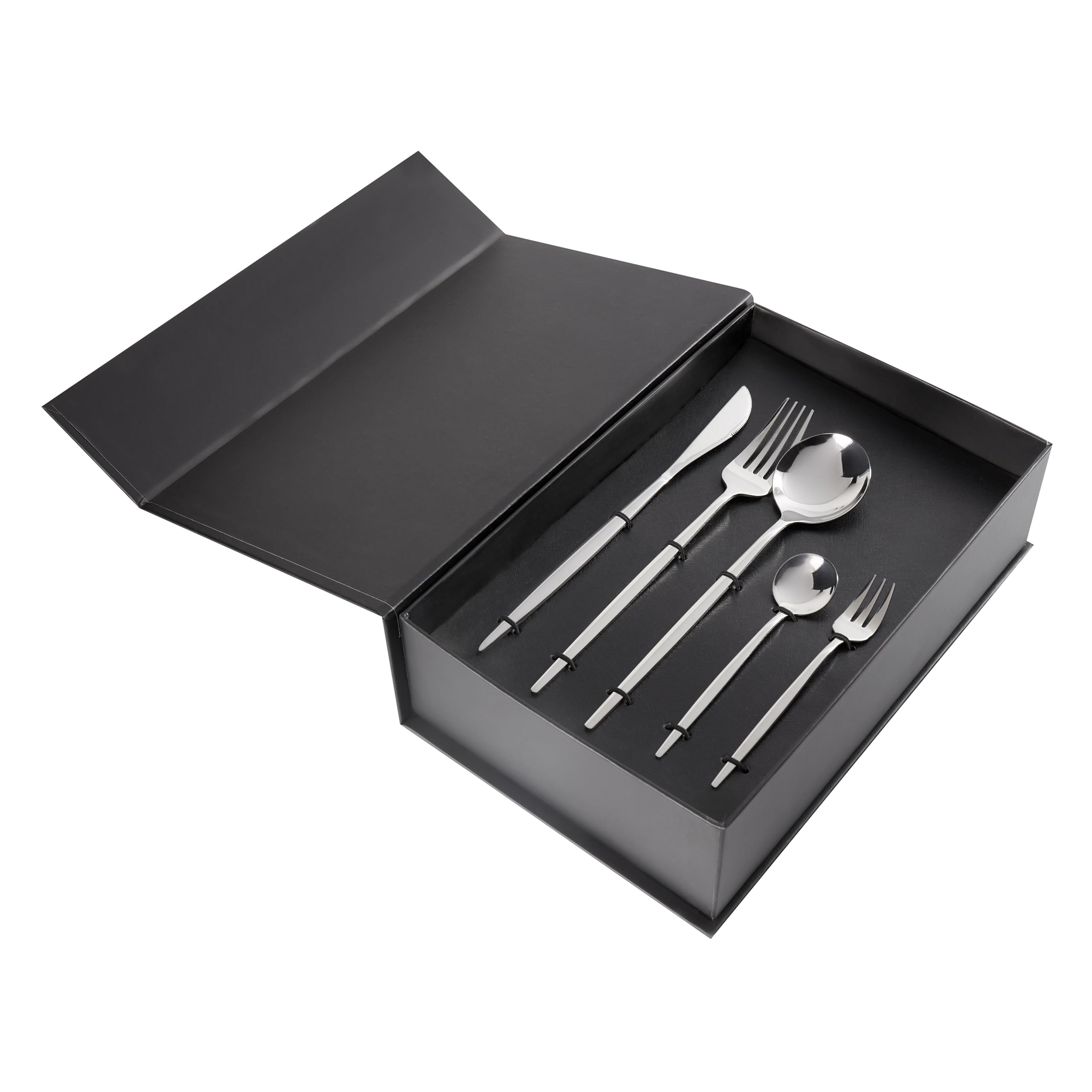 Set di posate moderne 30 pezzi per 6 persone Coltello Forchetta Cucchiaio Cucchiaio Forchetta per torte Acciaio inox Argento