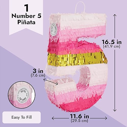 Miniatura 4 de Piñata número 5, papel de aluminio rosa y dorado para decoración de fiesta de cumpleaños de 5 cumpleaños (pequeño, 16.5 x 11.6 x 3 pulgadas)