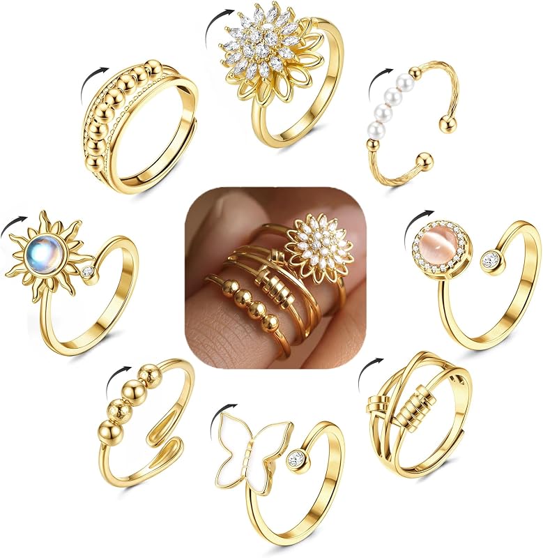 FIBO STEEL Fidget Anxiety Ring for Women 14K Gold Plated Spinner Rings | Adjustable Stress Relief Open Ring Stacks CZ Sun flower Butterfly Bead Non Tarnish Gold Silver Plated fidget jewelry Set 8Pcs