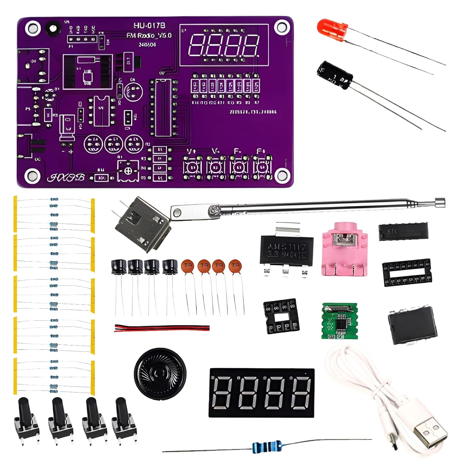51 Microcontroller Fm Radio Practice Kit, Soldering, Led Display, USB Power, Electronic Experiment, Includes Telescopic Antenna, Skill Development
