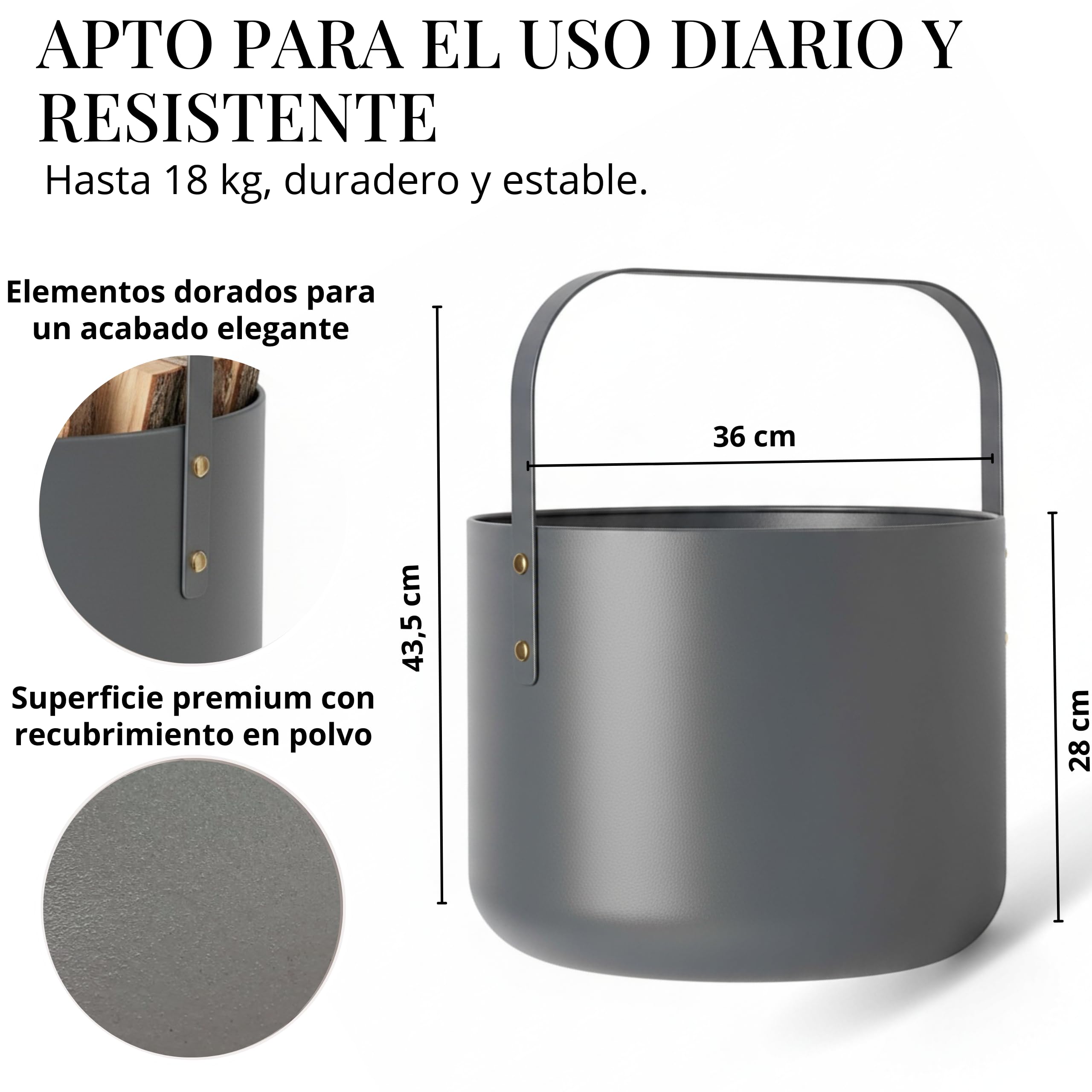 Cesta de diseño LIVLIG para leña de metal, cesta de madera para leña con asa, gran cesta para leña de 36 x 44 cm, cesta de leña como accesorio para chimenea, cesta de almacenamiento con aspecto mate