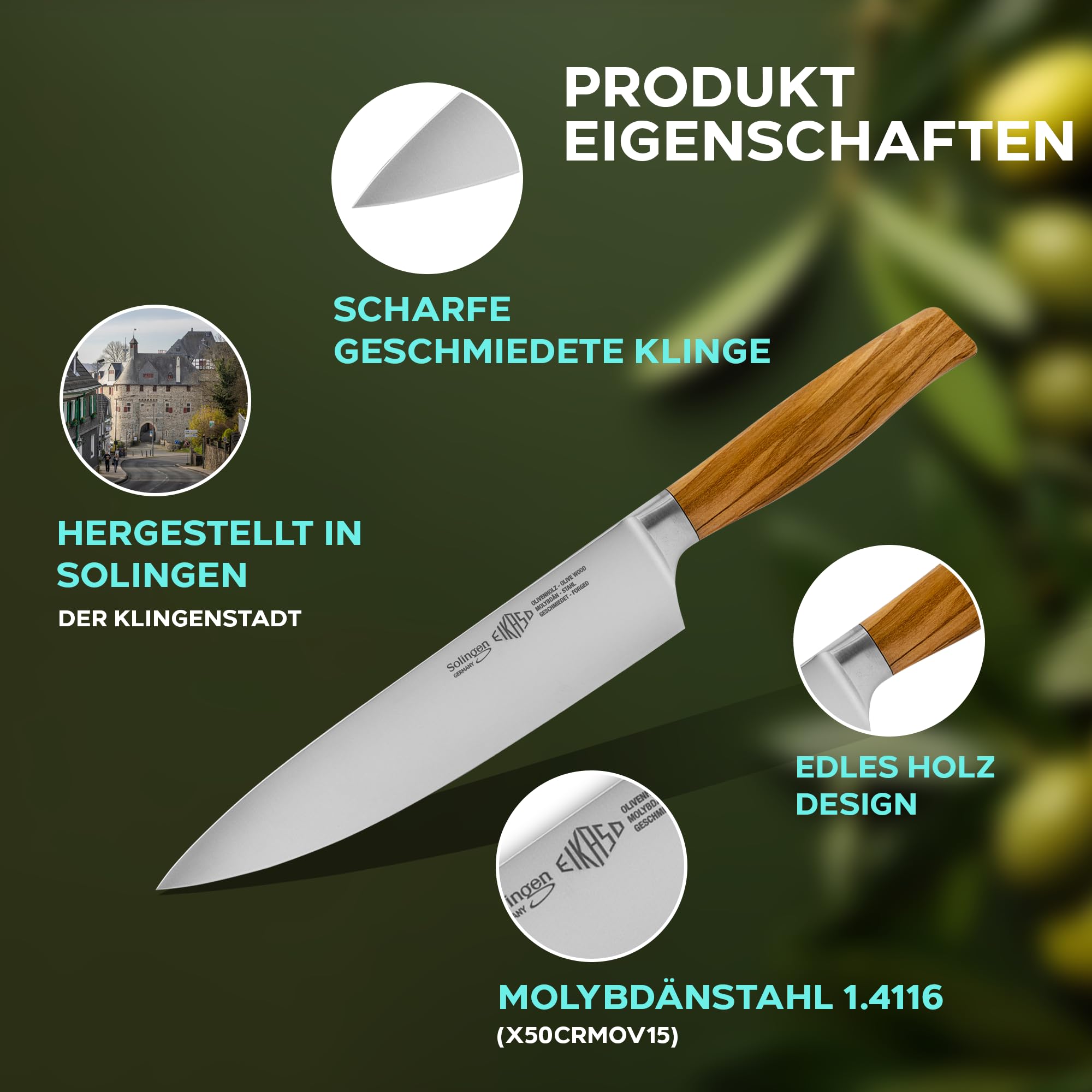 EIKASO Solingen Küchenmesser Set 6-teilig – Aus Molybdänstahl 1.4116, Made In Germany