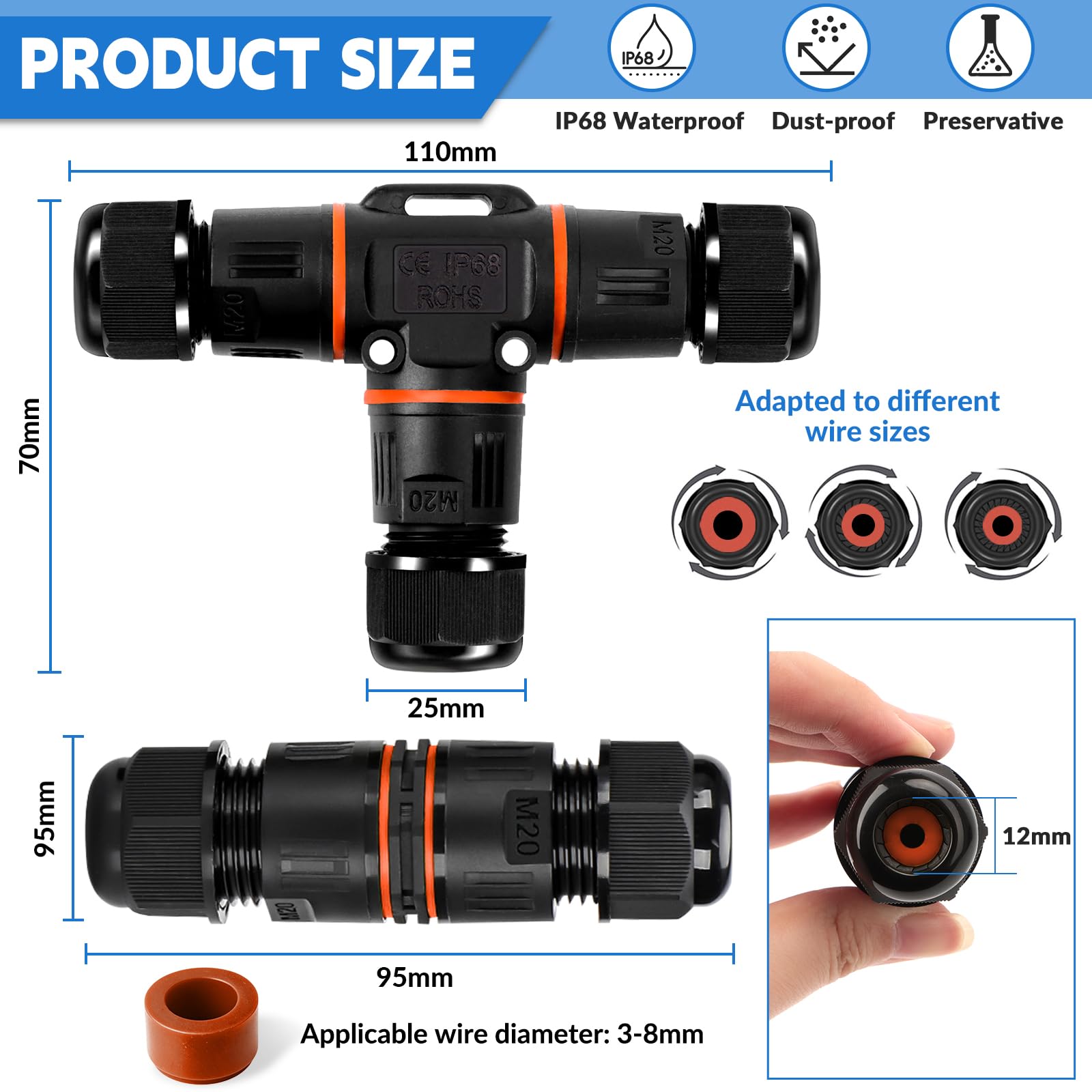 8 Stück Kabelverbinder Wasserdicht IP68, T-Form und Gerade Kabelverbinder, Wasserdicht 3-polig Erdkabel Verbindungsmuffe für Ø3-12 mm und Ø5-8 mm Kabeldurchmesser