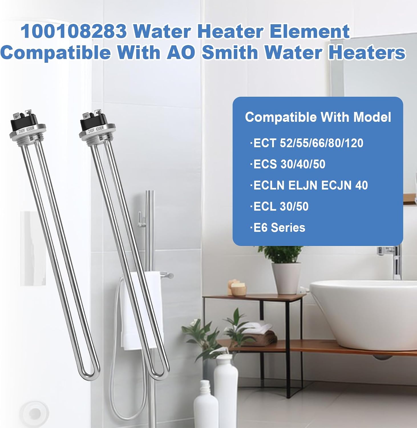 Upgraded 100108283 Water Heater Element, For AO Smith Electric Water Heaters, 4500W 240V Screw-In, Replace 100108284 9000092015 9000092045 Heating Element, With New Gasket, 2 Pack