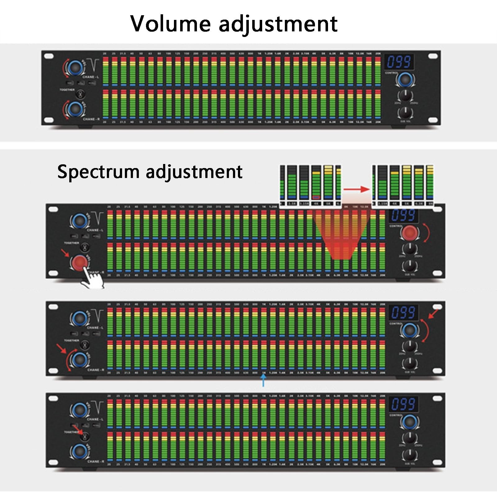 Égaliseur numérique 31 Bandes, égaliseur Graphique stéréo Double Canal, avec Affichage du Spectre LED, Personnalisation de 10 résultats prédéfinis, pour système Audio Professionnel Audio Domestique