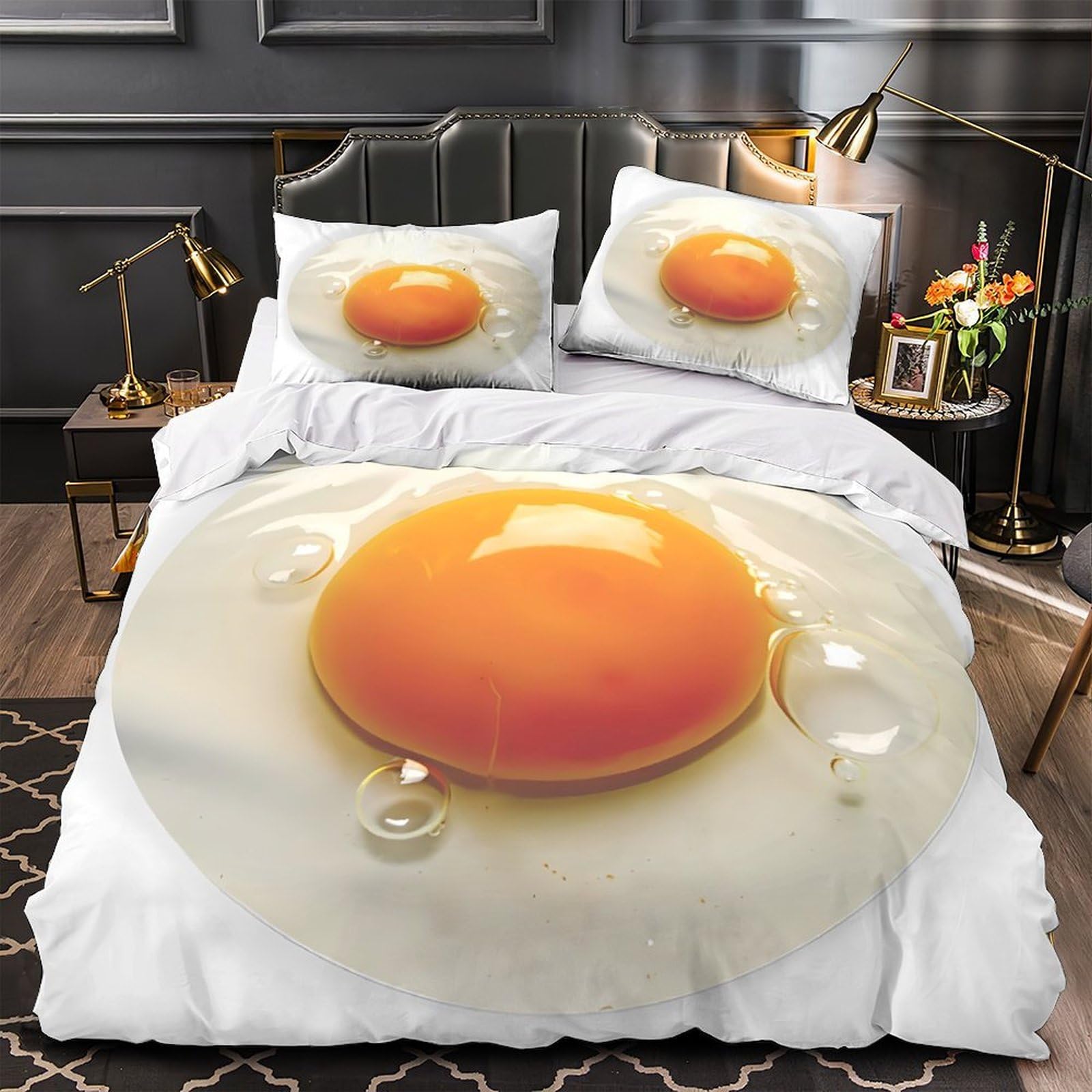 Housse de couette jaune d'œuf 3D microfibre 260x220 cm avec 2 taies d'oreiller pour lit super king
