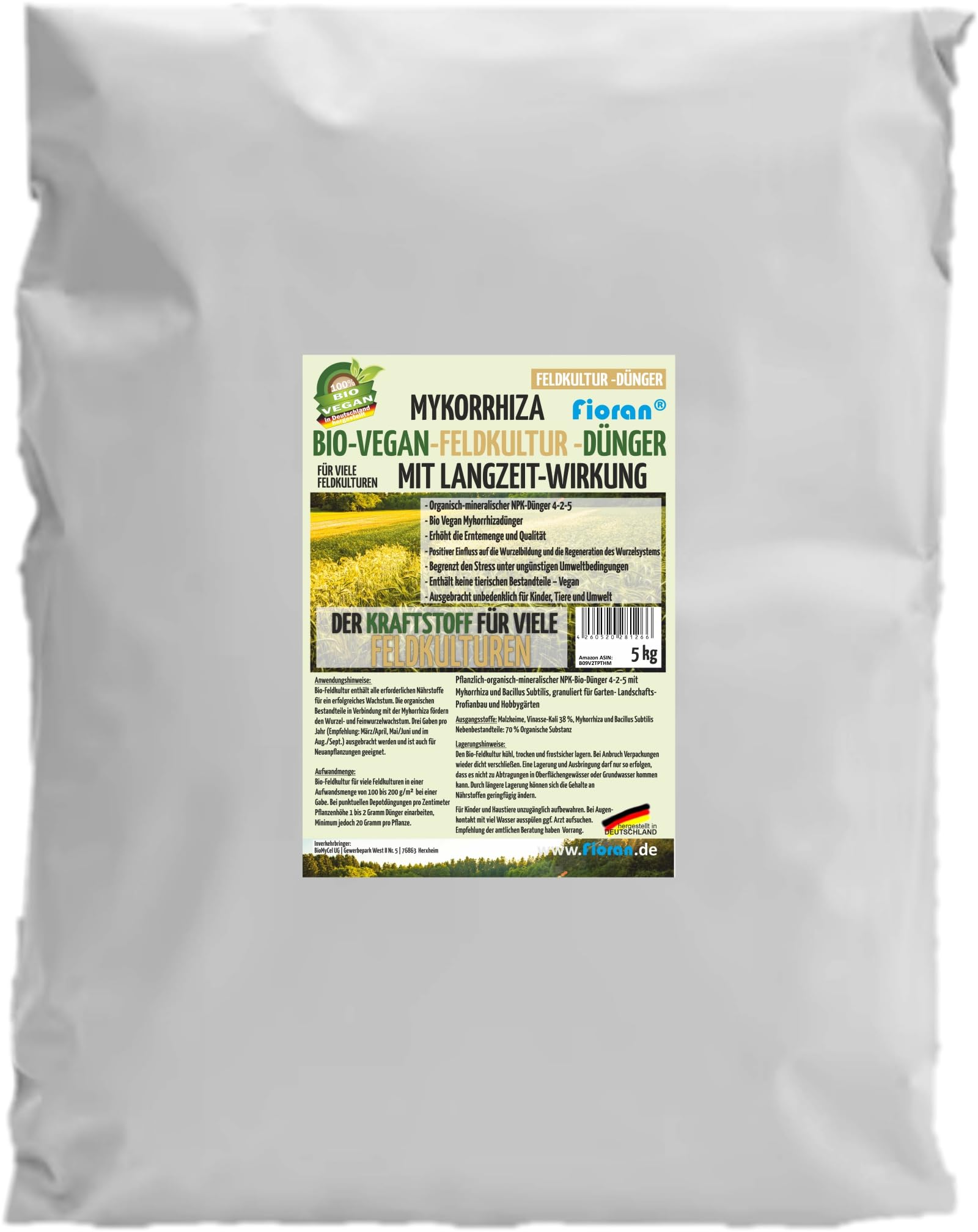 Bio Feldkulturdünger 5 Kg mit Mykorrhiza und Bacillus Subtilis (NPK 4-2-5)