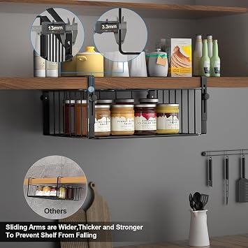 AmonHouseware 2Pack Under Shelf Storage Basket Organizer, Black | Adjustable Hanging,Under Cabinet Add-on, Slide-in Baskets, for Laundry Room Kitchen Pantry Desk Bookshelf Counter Cupboard