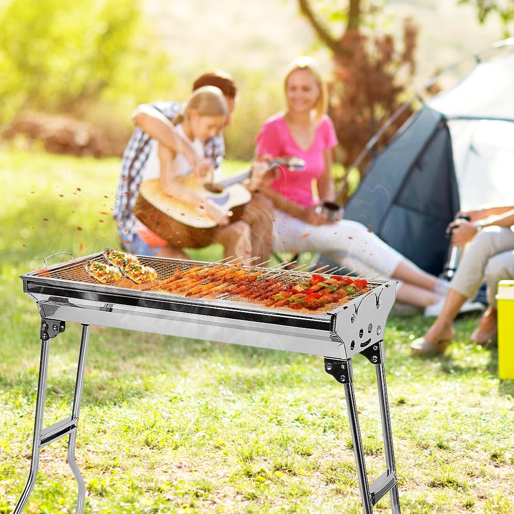 Barbecue à Charbon de Bois Inox Pliable XXL 73x33.5x70 cm
