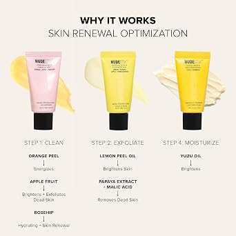 Nudestix 3-Step Citrus Renew Set for Makeup Travel-Size Skincare Kit with Cleansing Balm, Exfoliator & Moisturizer/Primer