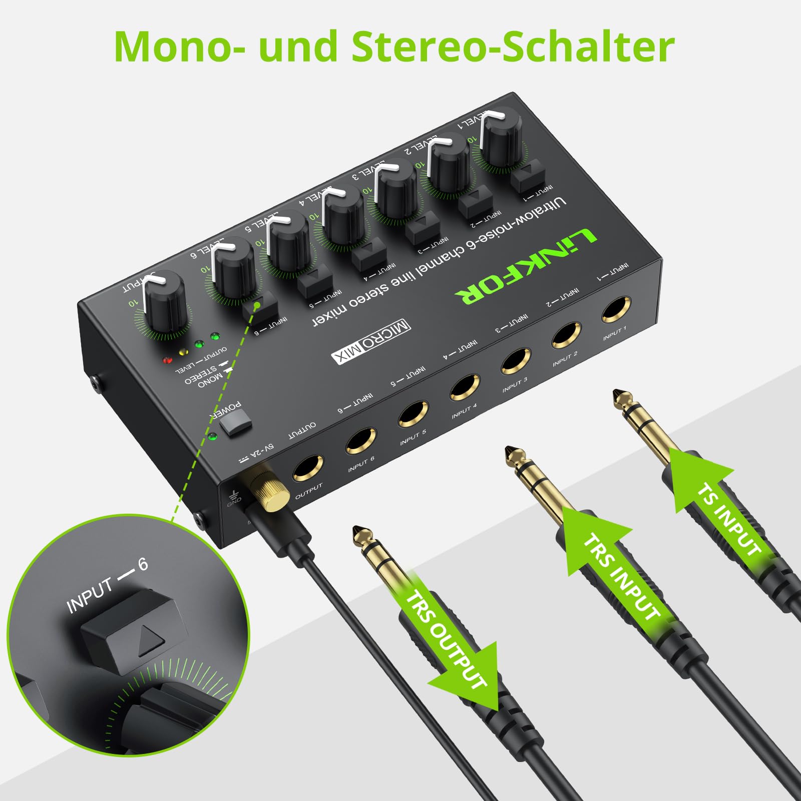 LiNKFOR 6 Kanal Mini Stereo Audio Mixer Ultrakompakter Audiomixer Unabhängige Lautstärkeregelung für Mischungen, DC 5V Type-C Mini-Audiomischer mit Netzteil Audiokabel - Ultra Niedrig Noise