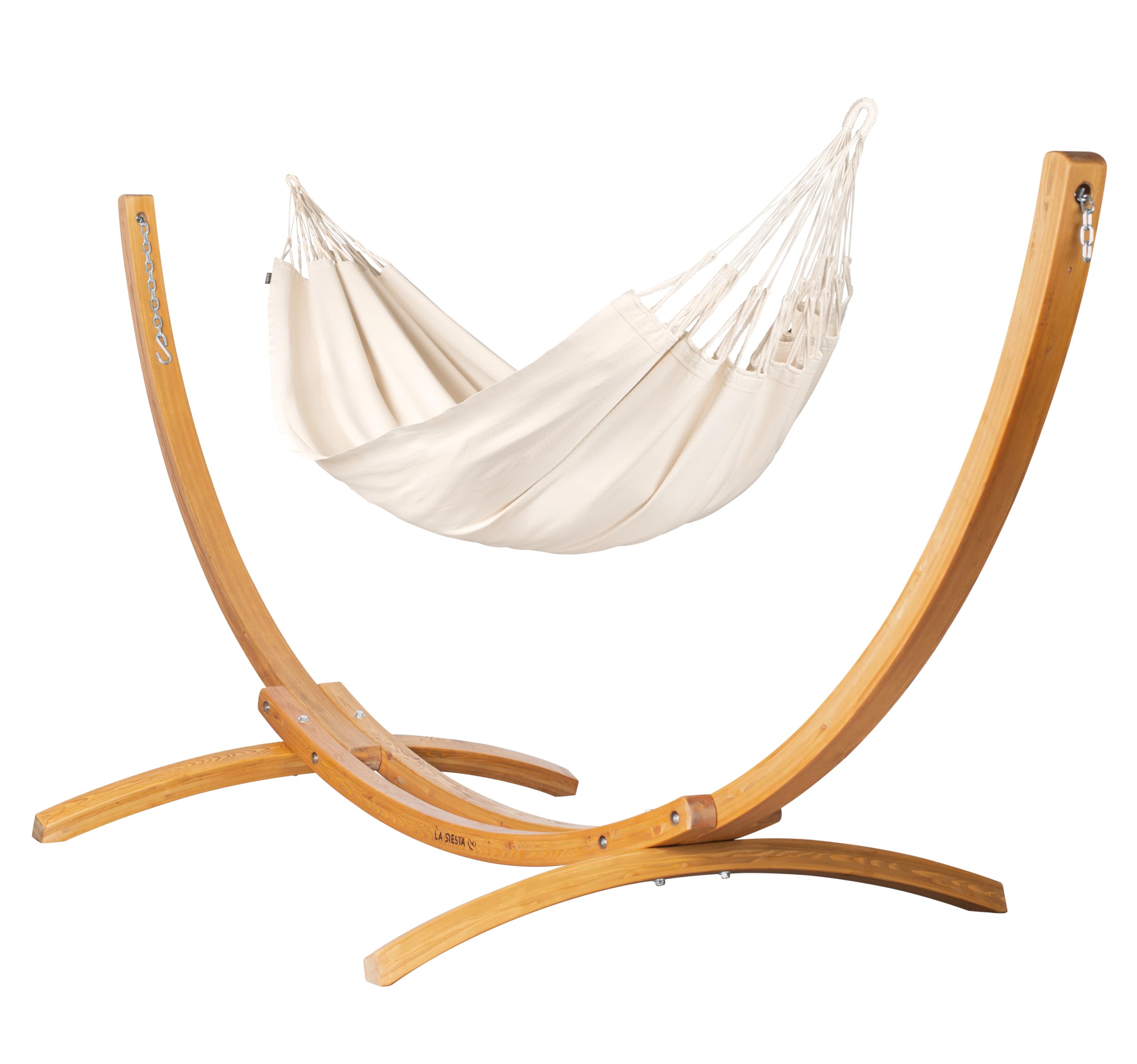 LA SIESTA® Modesta Amaca Kingsize in Cotone Biologico e Supporto in Legno - Amaca da Esterno - Amaca con Supporto, Telo per Amaca Stand per Giardino, Balcone, Piscina - Latte