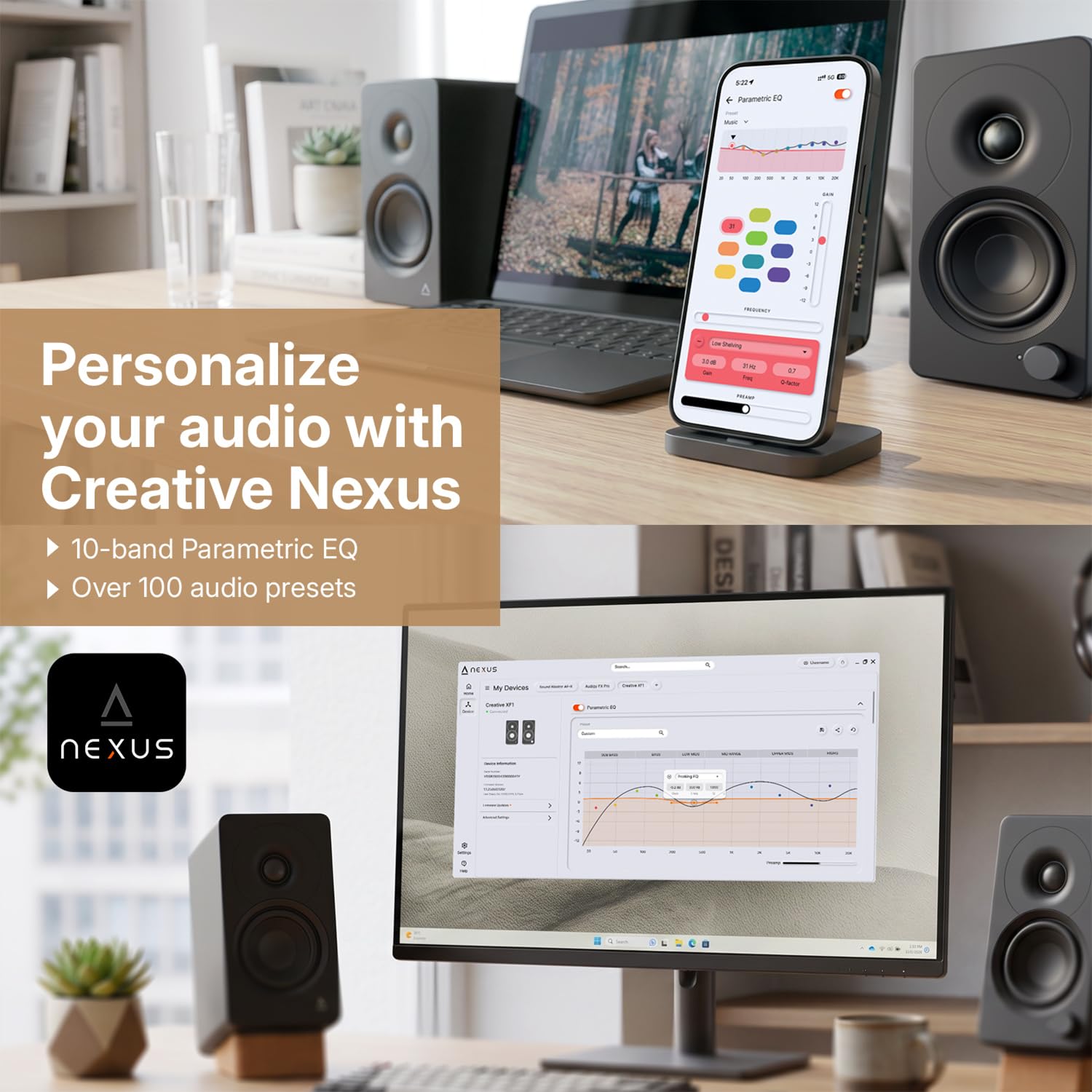 CREATIVE XF1 Altoparlanti PC, Bluetooth 6.0, 72 W RMS, audio Hi-Res | Altoparlanti PC, compatti, uscita sub, EQ parametrico, modalità desktop
