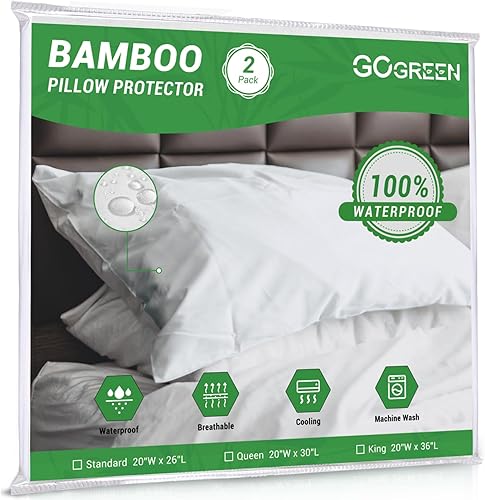 Gogreen Protector de almohada impermeable de rayón de bambú, transpirable, funda de almohada de enfriamiento con cremallera, funda de almohada súper
