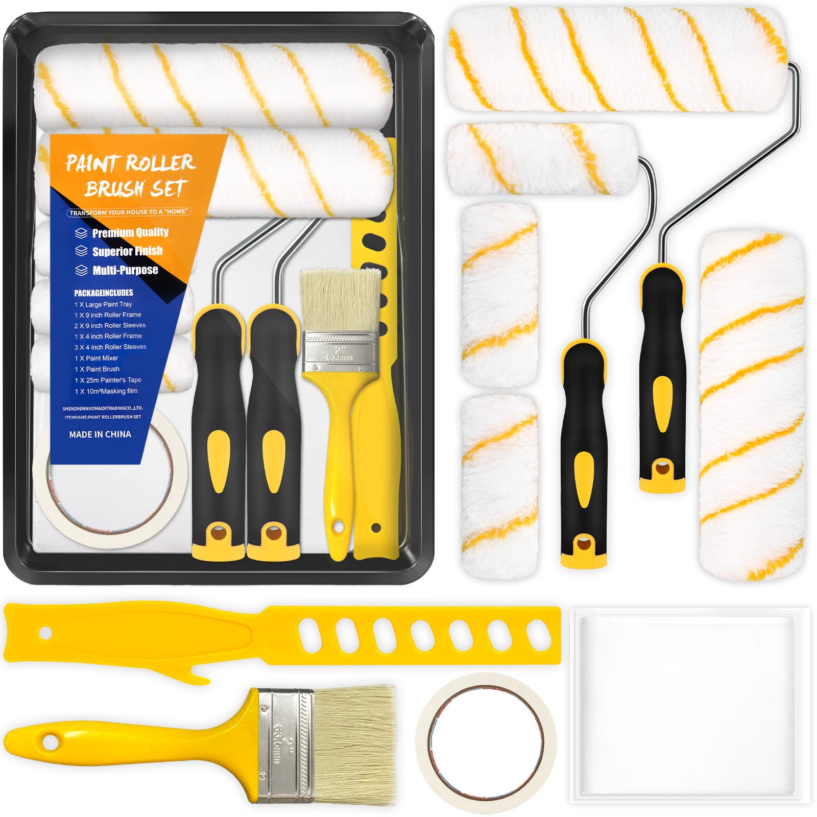 BBLTIFF 12pcs Kit Rodillo para Pintar Paredes, Kit Pintar Pared Kits de Herramientas de Pintura para Todo Tipo de Superficies y Pinturas Pelo Medio con Bandeja Mango Ergonómico para La Decoración - 2