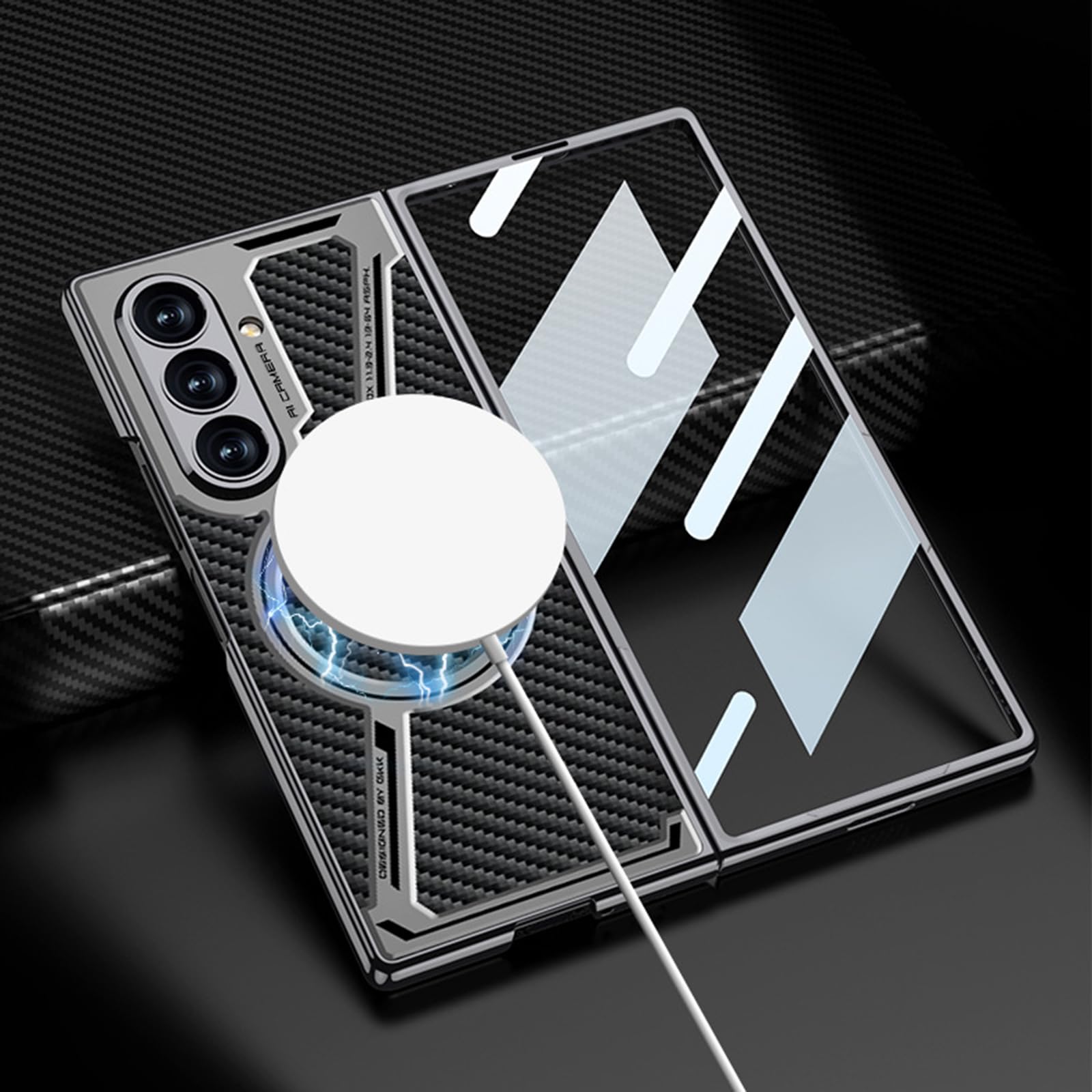 Magnetyczne etui do Samsung Galaxy Z Fold 7, ochrona aparatu, odporne na wstrząsy, wbudowana osłona ekranu, skórzane etui z teksturą włókna węglowego, czarne