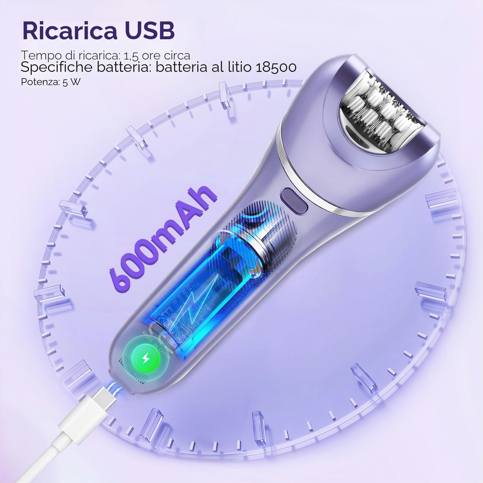 Set di epilatore 7 in 1 per donne, epilatore senza fili a umido e a secco con luce LED, epilatore per viso e corpo, impermeabile IPX7, autonomia 90 min