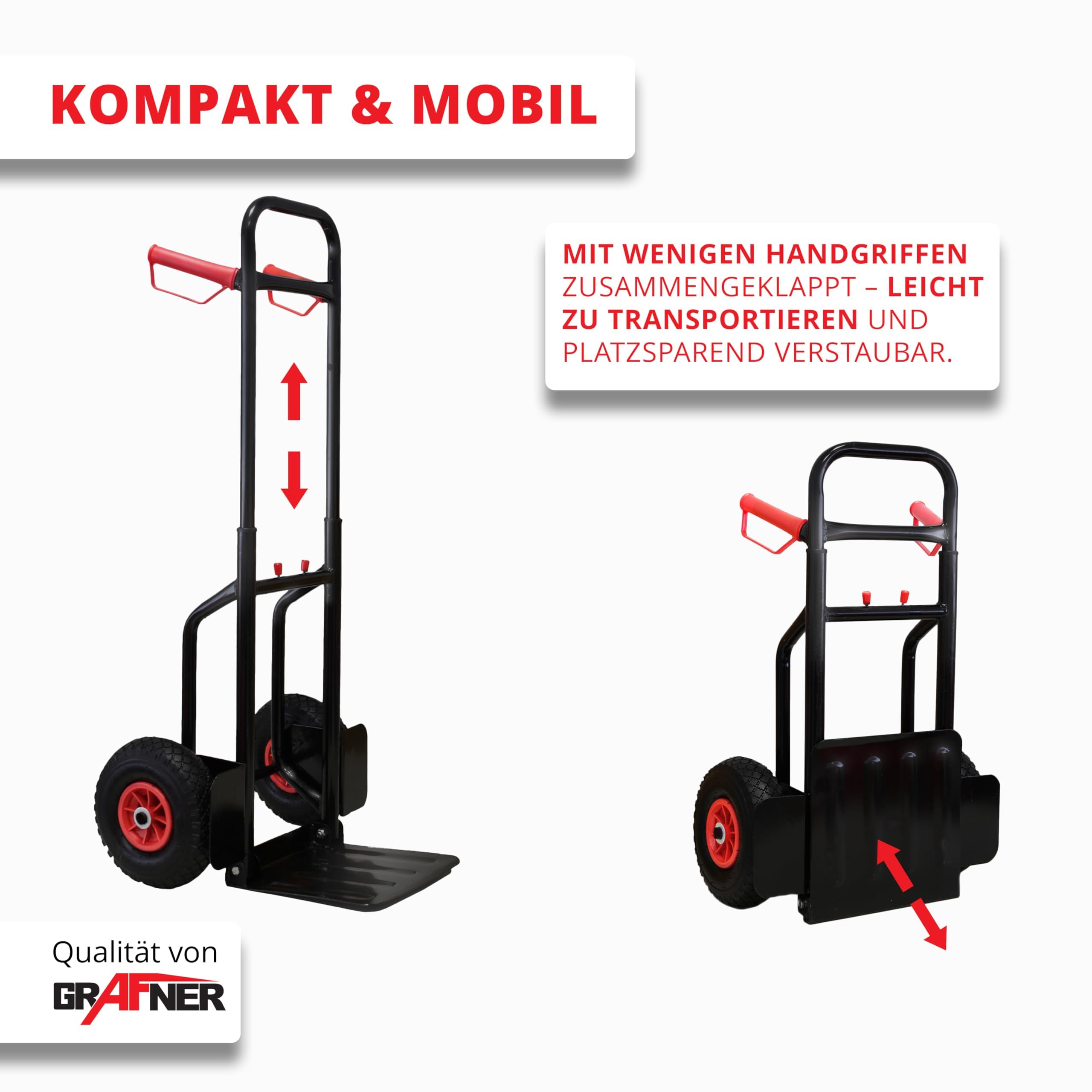 Grafner Sackkarre klappbar und ausziehbar, Belastbarkeit 200kg, Luftbereifung, Haltegriffe und Radschutz, solide Stahl-Ausführung, Stapelkarre Transportkarre Transportwagen