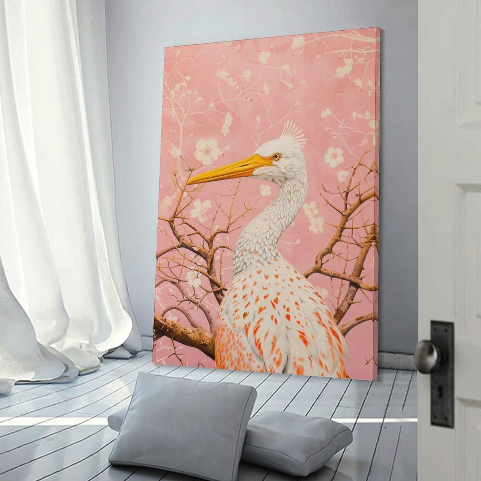 Junmoney Elegant Heron with Cherry Blossoms Canvas Wall Decor, 24x36inch(60x90cm), for Wall Displays, Bedrooms Or Room Updates, Wall Decor Suited to Curated Displays