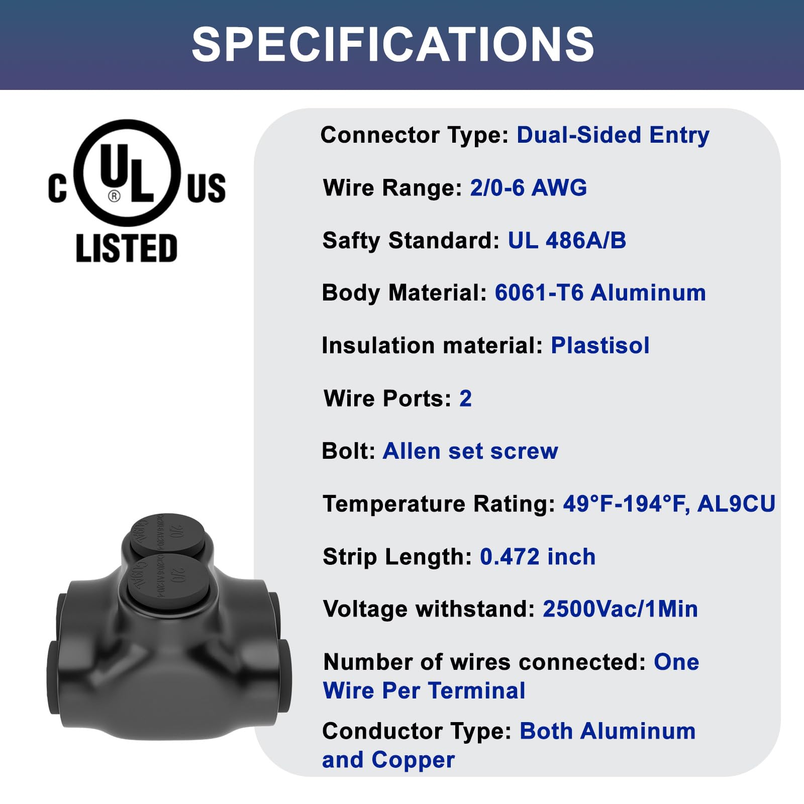 BRILLTECH 5 Pcs - Insulated Wire Connectors, Multi Tap Dual Entry, Electrical Power, 2 Port Wire (2/0-6AWG Wire Range, 3/16