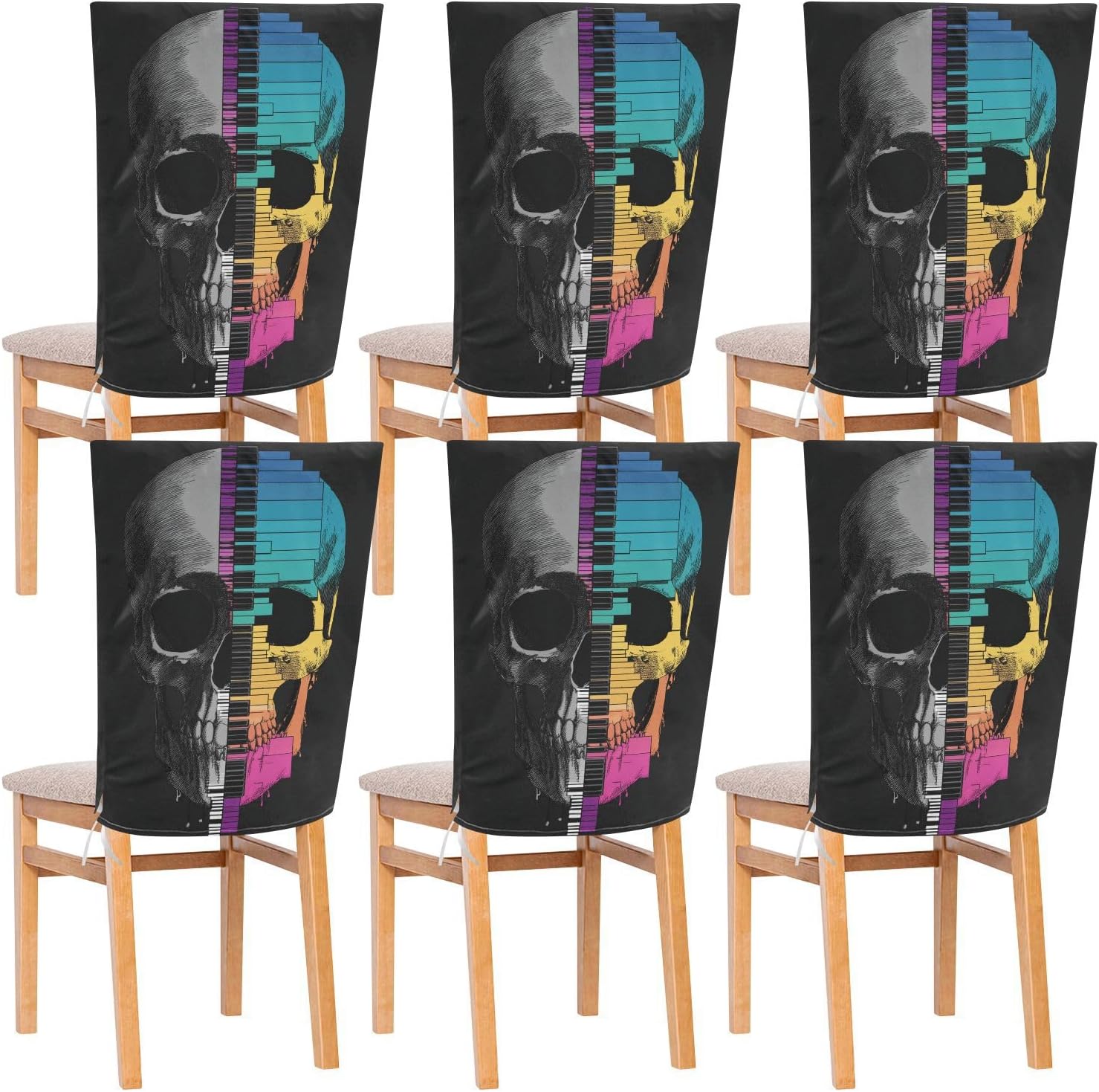 ALAZA Music Piano Keys and Skulls Chair Back Cover Set of 6, Washable Reusable Removable Chair Slipcovers Decorative Chair Cover for Home Kitchen Wedding Party
