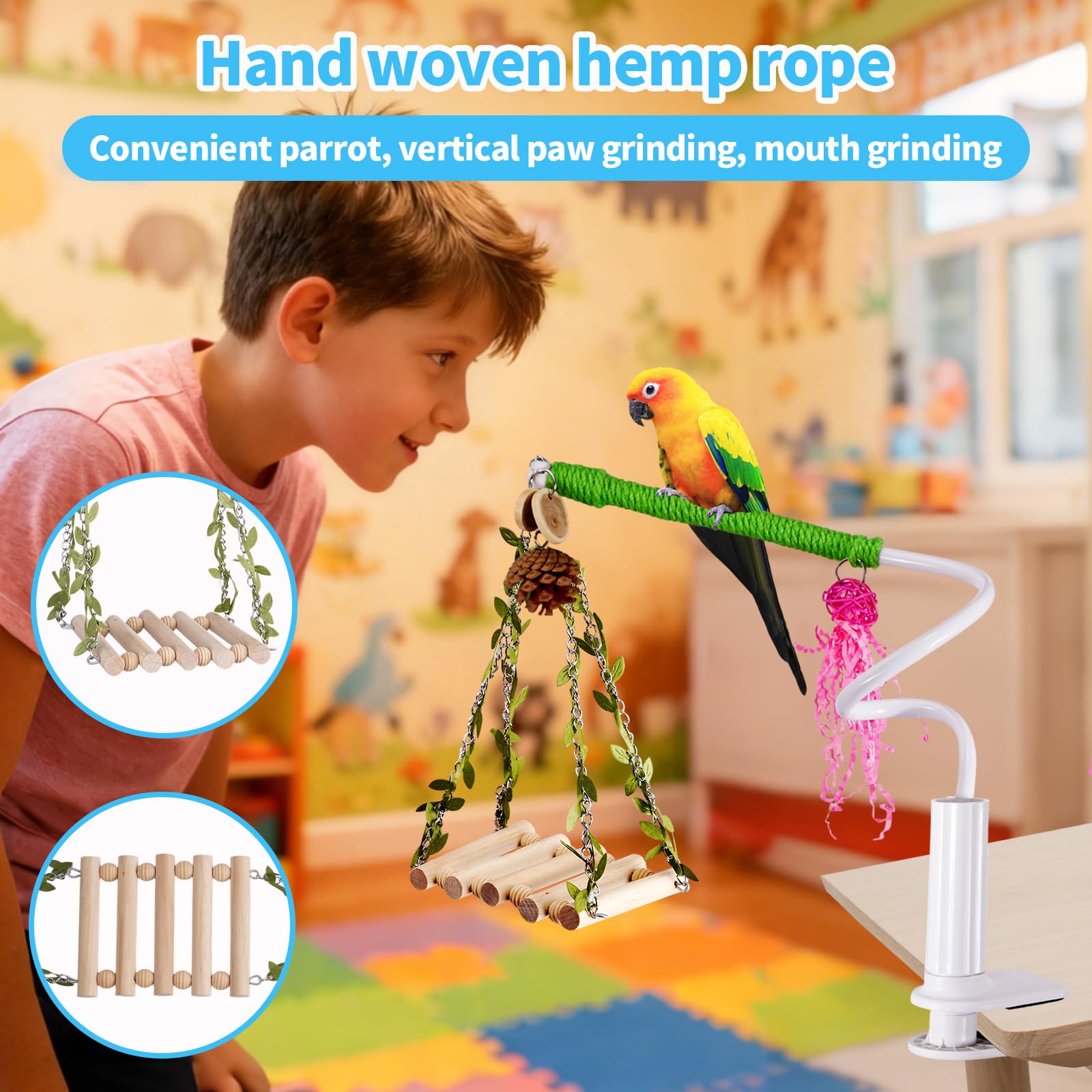 Bird Perch Stand with Swing, Desktop Bird Toy & Stand for Interacting, Interactive Playground for Sun Conure, Lovebirds, Conure, Budgie, Cockatiel - Non-Slip Adjustable Perch - image 7