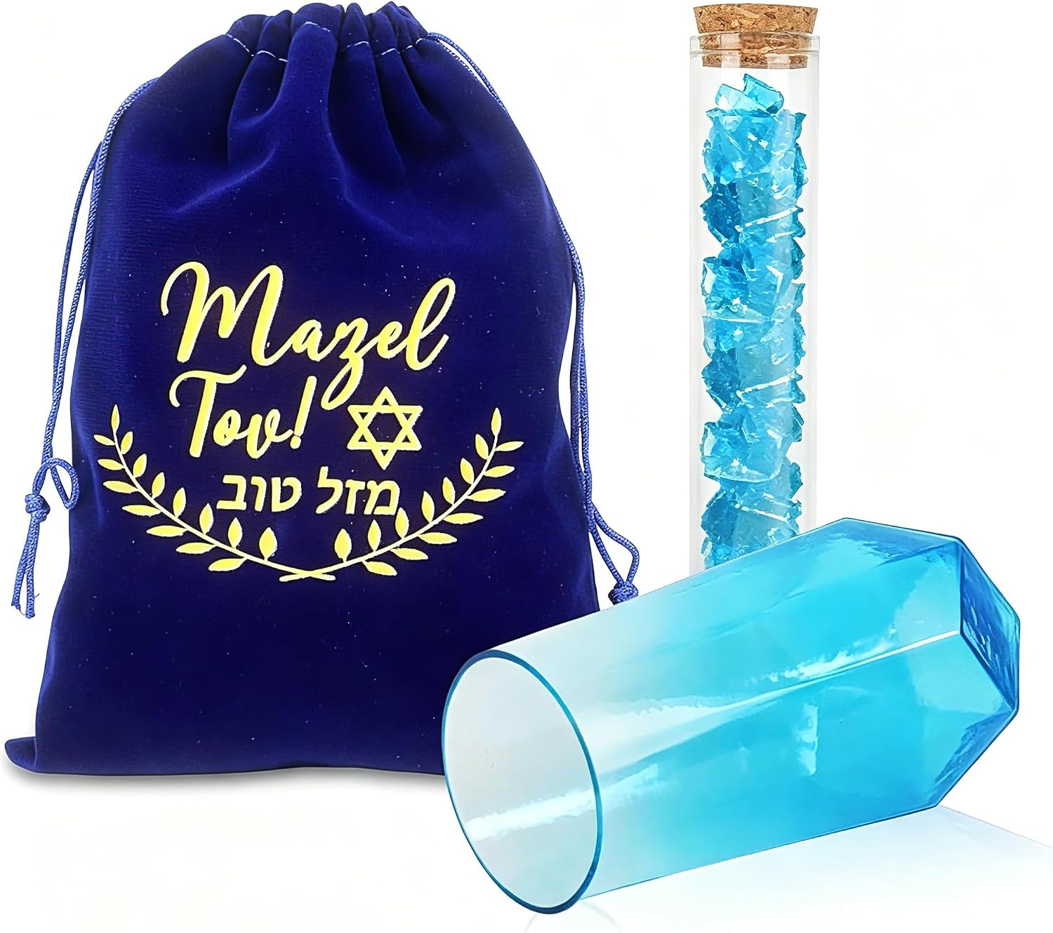 Klmnop Jewish Wedding Chuppah Breaking Glass Set - 1 Cup, 1 Tube & Drawstring Bag - Jewish Gift for Couples Engagement Marriage Anniversary, Ceremony Blue Vessel for Groom(Blue)