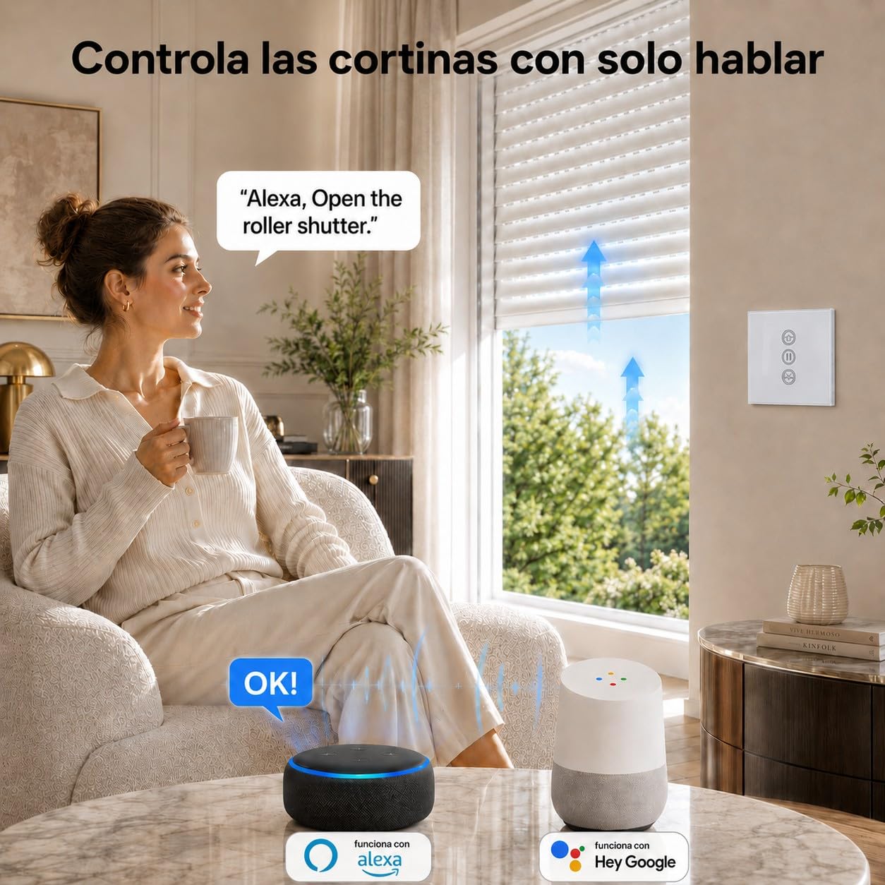LoraTap Interruptor persiana enrollable inteligente: Sin hub - Temporizador elimina trabajo manual - Control app remoto fuera de casa - Control de voz Alexa/Google - Persianas, estores - 4 hilos 600W