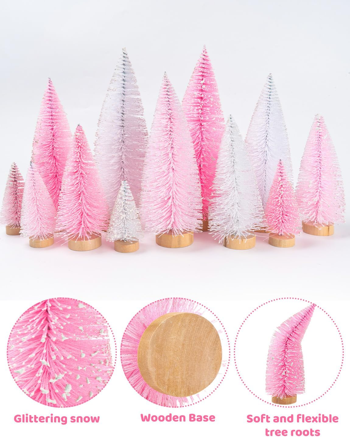 12 Pcs Mini Pink Christmas Tree Artificial Pink Christmas Decor in 4 Sizes Bottle Brush Trees Table Desk Xmas Tree Decorations for Home Party Winter Party Decor