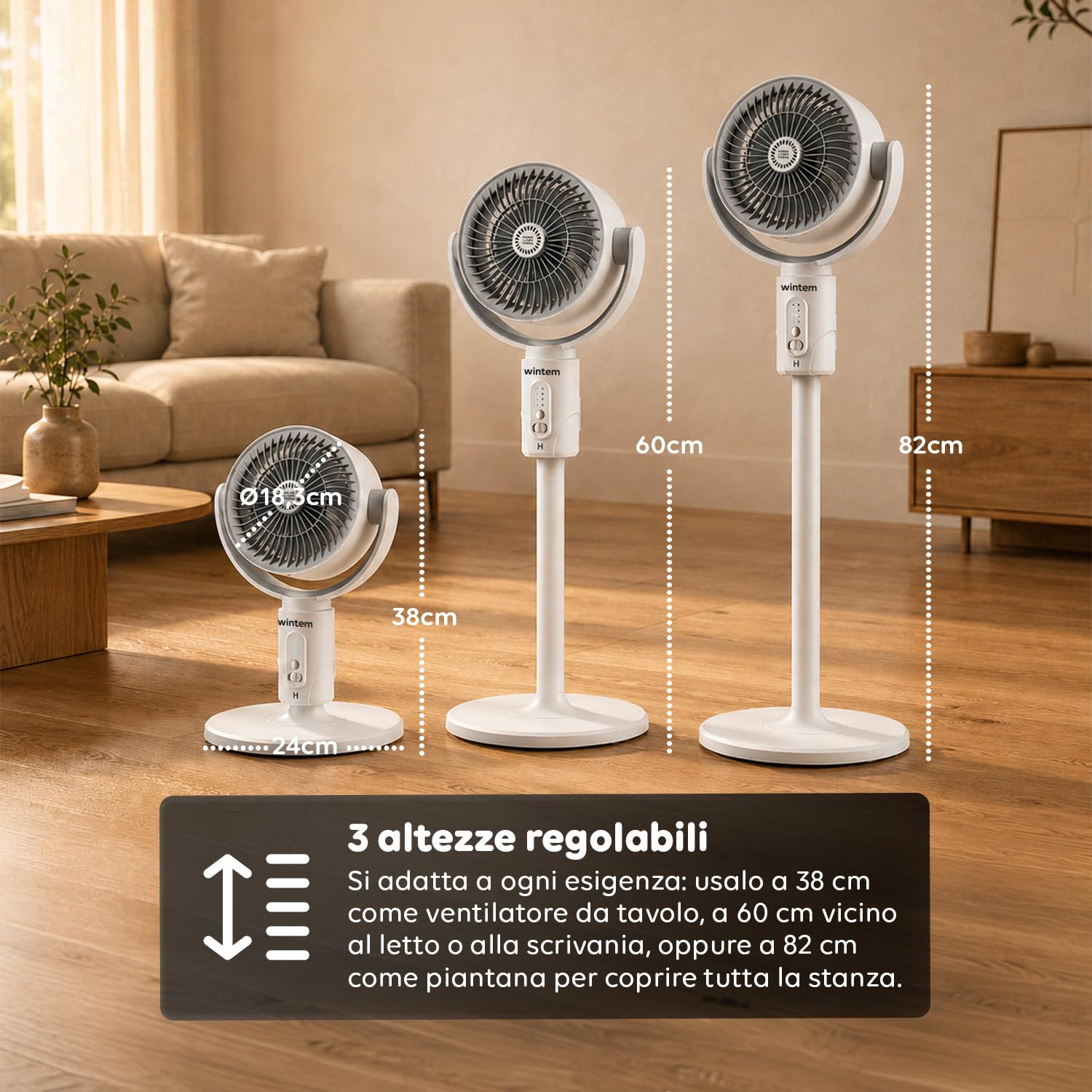 Wintem SNAG Ventilatore a Piantana Ricaricabile e Telescopico – 3 Altezze (32 a 82cm) con Telecomando – 5 Velocità, Oscillazione 3D 90°/180° e Aromaterapia – Batteria Autonomia 5-8h – Pale ø18,3cm