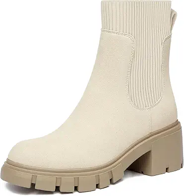 Athlefit Women's Chelsea Platform Ankle Boots Elastic Chunky Heel Lug Sole Booties