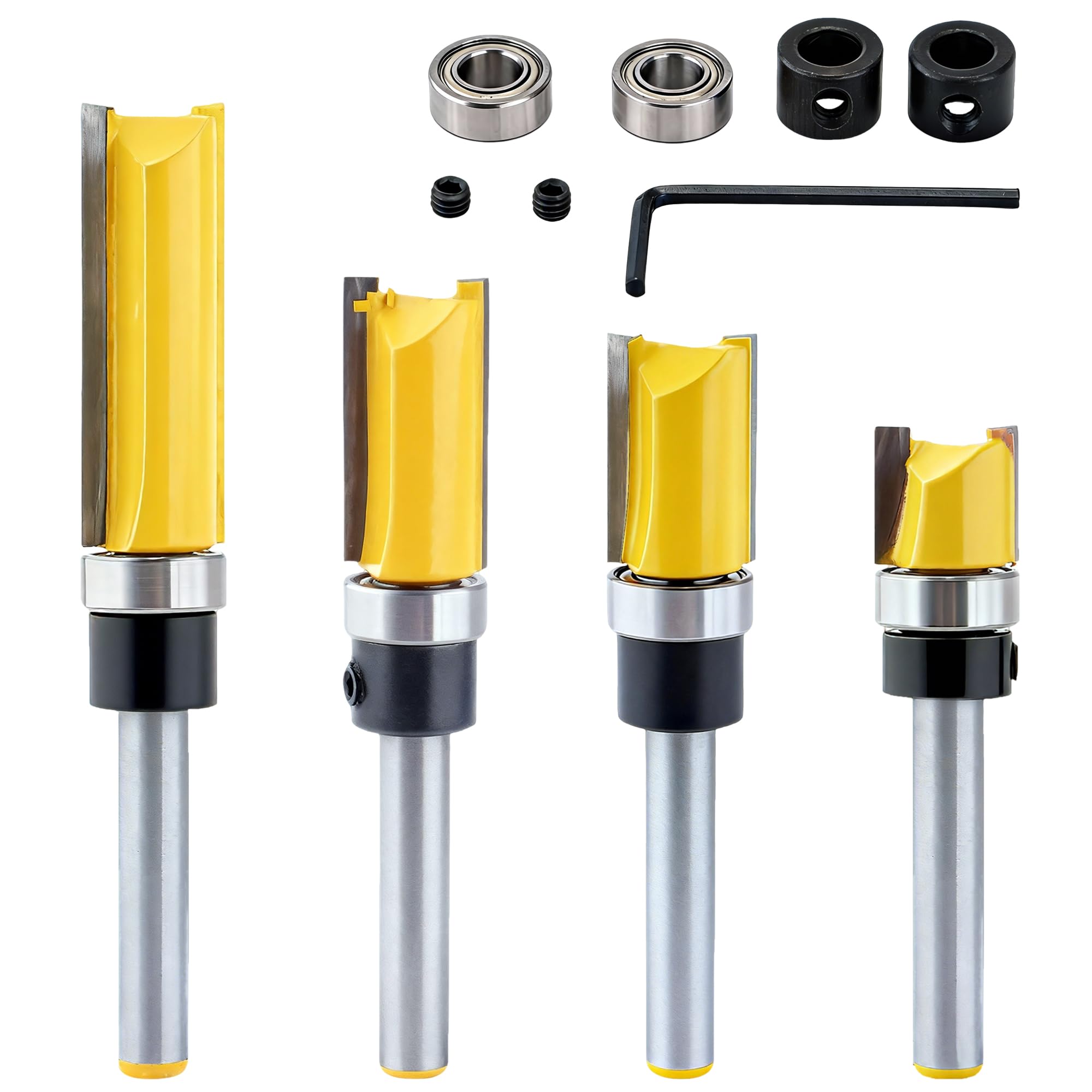 ERMWALR 4 Pcs 1/4 Inch Shank Flush Trim Router Bits Plus 2 Bearings Set Flush Trim Router Bit Flush Trim Tools with Bearing Woodworking Trim Router Tools