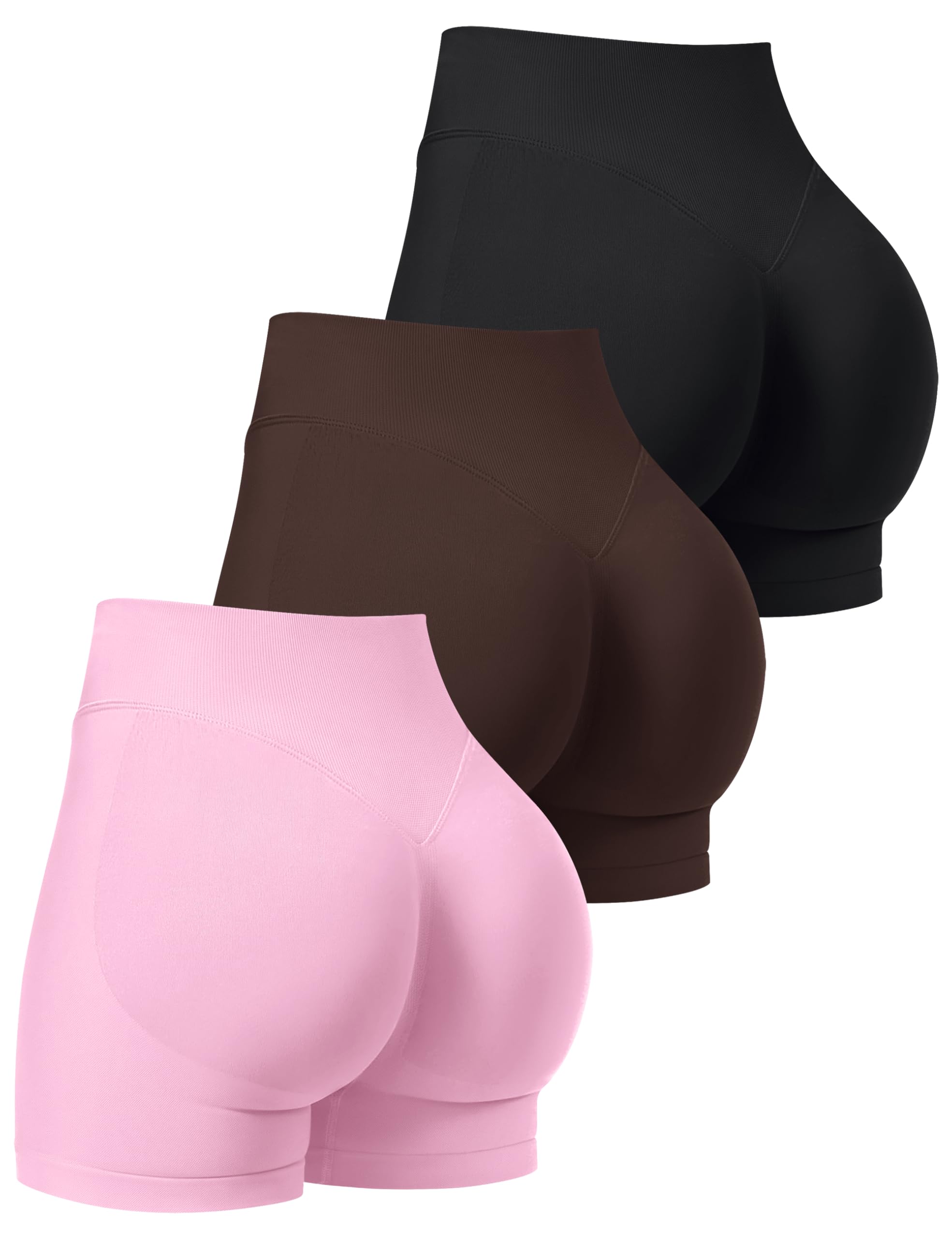 OLCHEE Womens 3Pk Gym Workout Shorts Seamless Scrunch Butt 2.6"/4.1"/6" 4.1" inseam Small Black/Brown/Light Pink