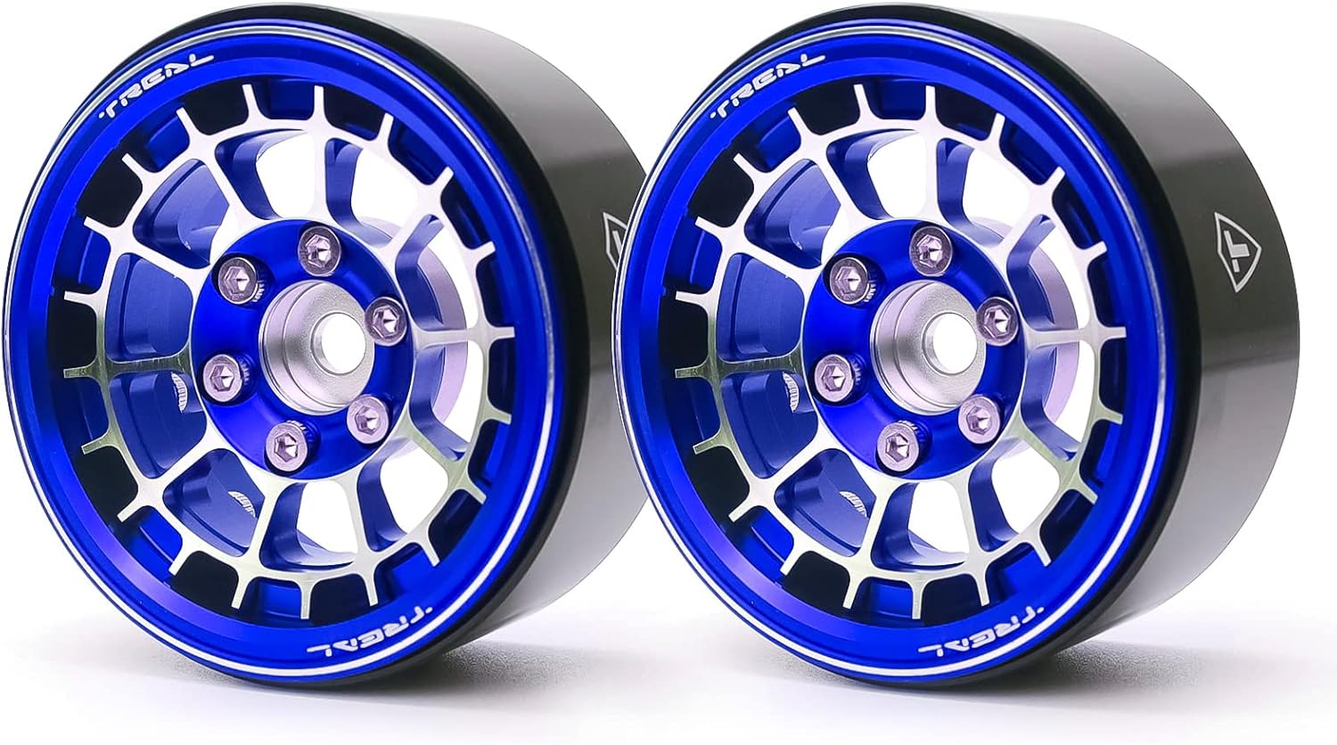 TREAL 1.9 Beadlock Wheels Stylish Cobweb Design 1.9 Wheel Rims(2P) CNC Machined Aluminum Anodized Finish Upgrades for 1/10 RC Crawlers TRX4 SCX10 III Vanquish H10 Ascent 6x6 TRX6 and More(Blue)