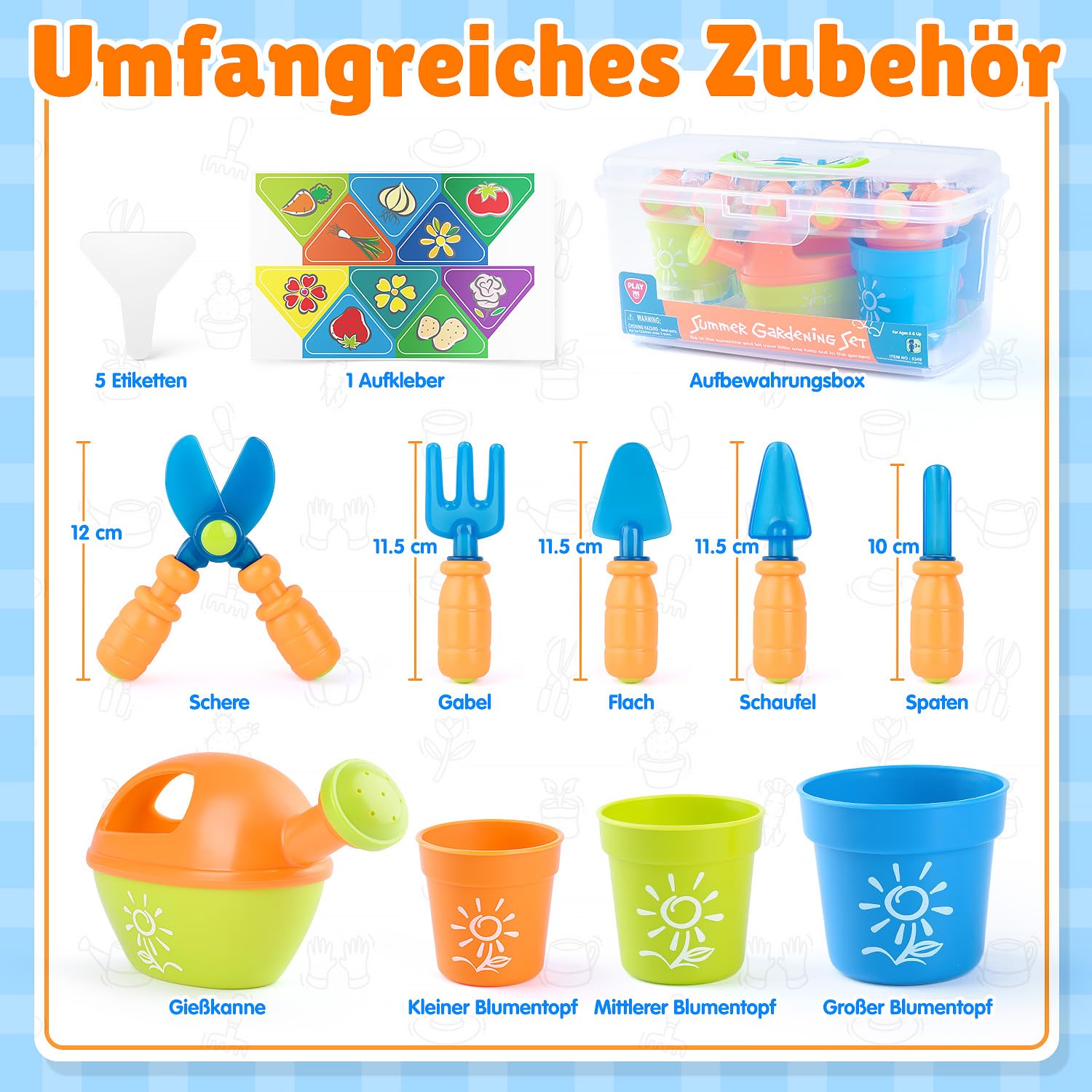 PLAY Gartenwerkzeug Kinder Set,Gartengeräte mit Schaufel, Gabel, Schere, Blumentopf, Gießkanne, Schild und Aufbewahrungsbox, Gartenset Kinder für Kinder ab 3 Jahren