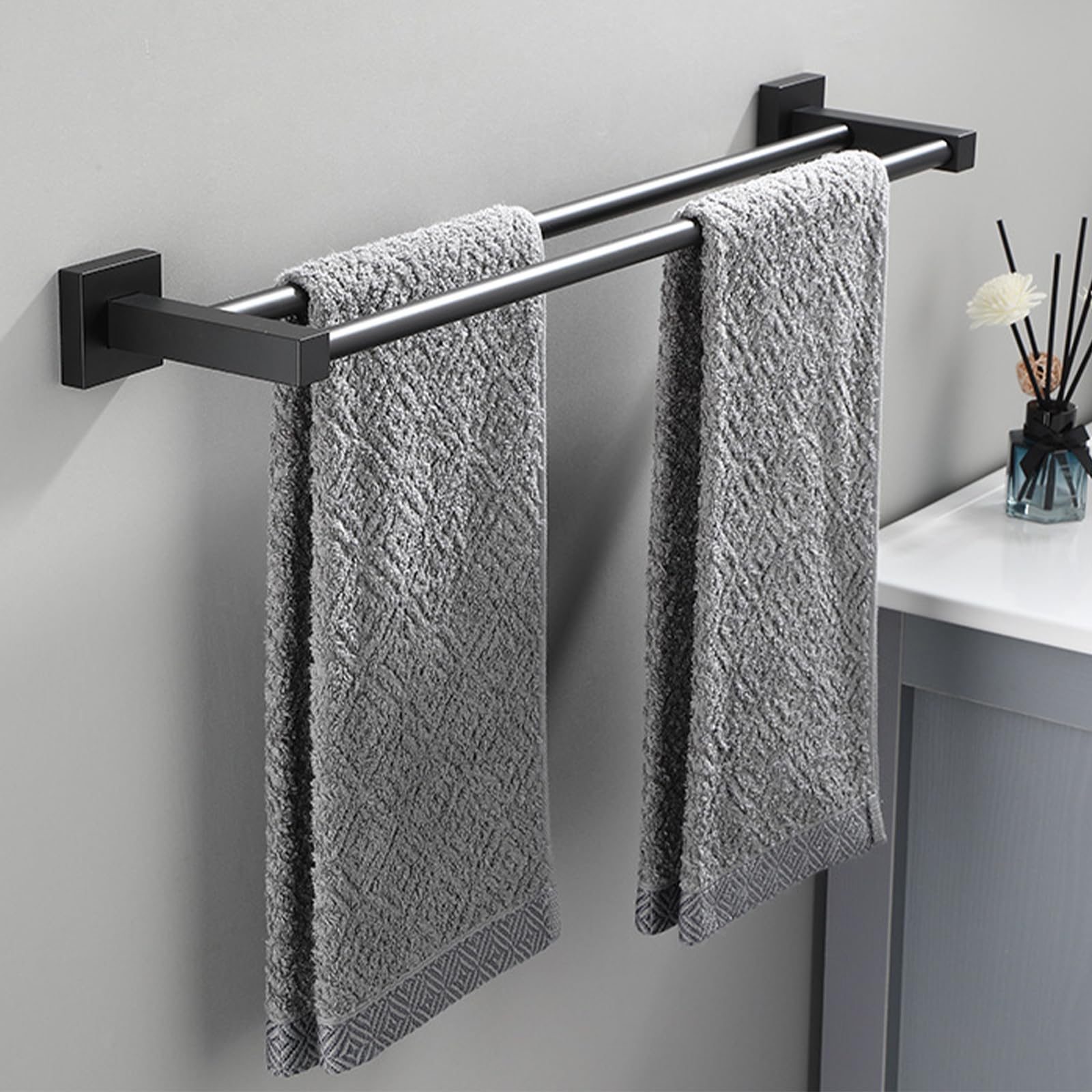 Toallero de pared sin taladros, soporte de doble barra negro para baño y cocina, 40 cm, diseño que ahorra espacio, fácil de instalar