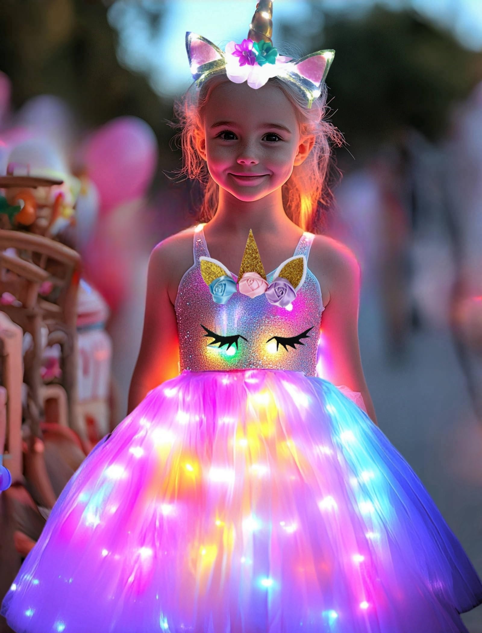 SHINYOU Girls Unicorn Costume, Rainbow Unicorn Dress, LED Light Up Unicorn Tutu with Wing for Halloween Birthday Gift
