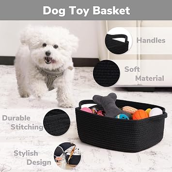 CHICVITA Storage Basket for Gifts, Cute Cotton Rope Baskets for Nursery, Small Gift Basket with Handles, Decorative Woven Baskets for Bathroom, 13 x 9.8 x 5 inches, Black