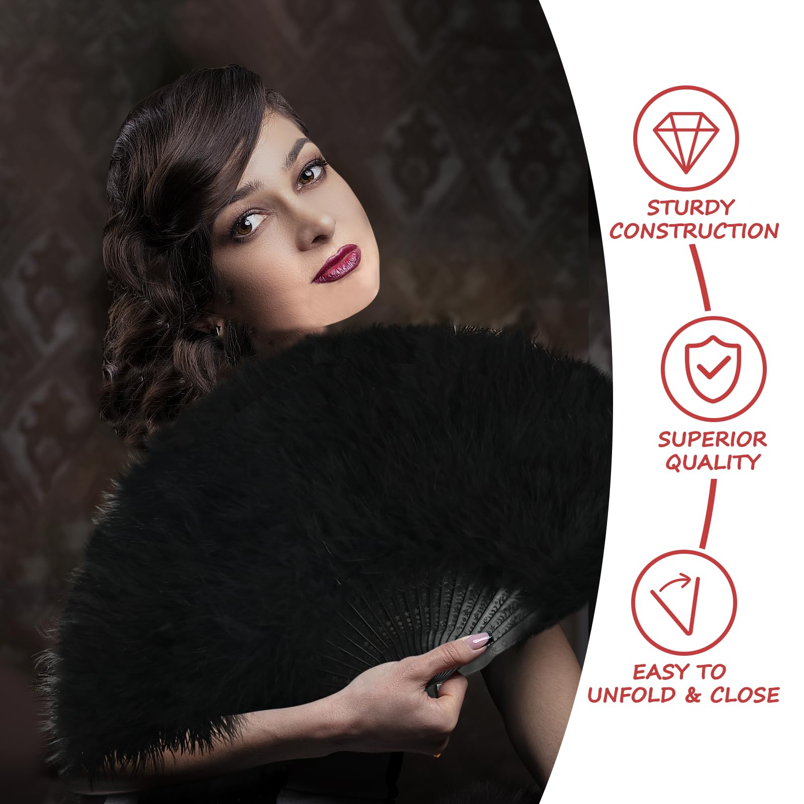 FYYTARO Feather Hand Fan, 1920s Vintage Style Marabou Feather Fan, Folding Handheld Feather Fan for Costume Show Dress Dance Party Wedding Photoshoot - Black