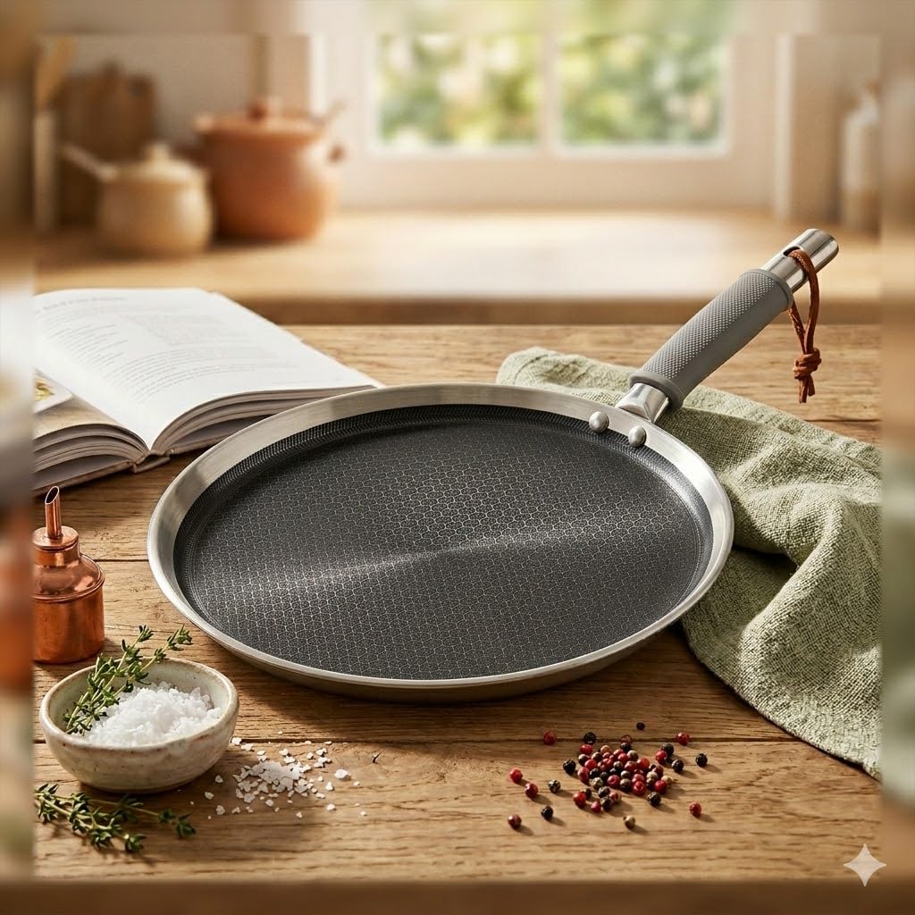 Fusion Kitchenware Triply Stainless Steel Non-Stick Honeycomb Dosa/Uttapa Tawa 27 cm | Induction Frinedly | Cool Soft Touch Handle | 2.5mm Thickness | Metal Spoon Friendly | 5Year Warranty-image-42